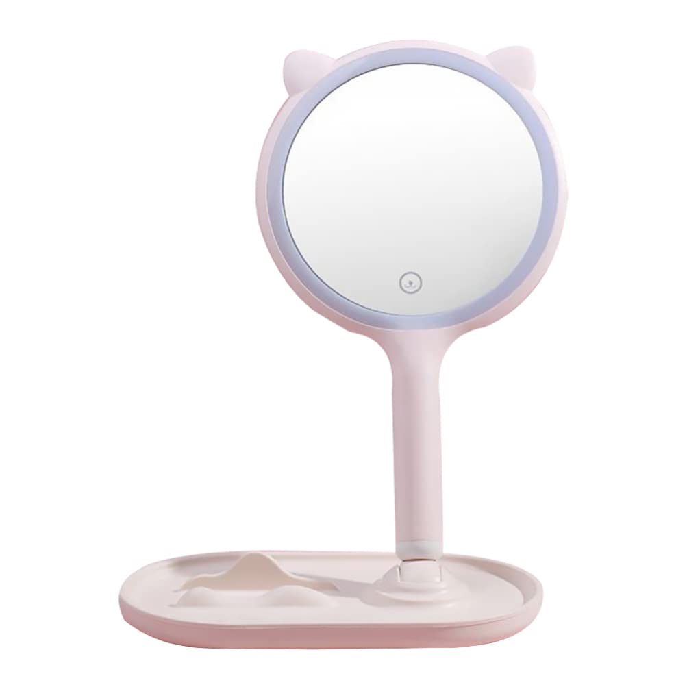 FRCOLOR LED Vanity Mirror with Lights - Rechargeable Round Makeup Mirror with Stand & Cosmetic Organizer, White - Perfect for Dressing Table, Bathroom, and Travel Makeup Application