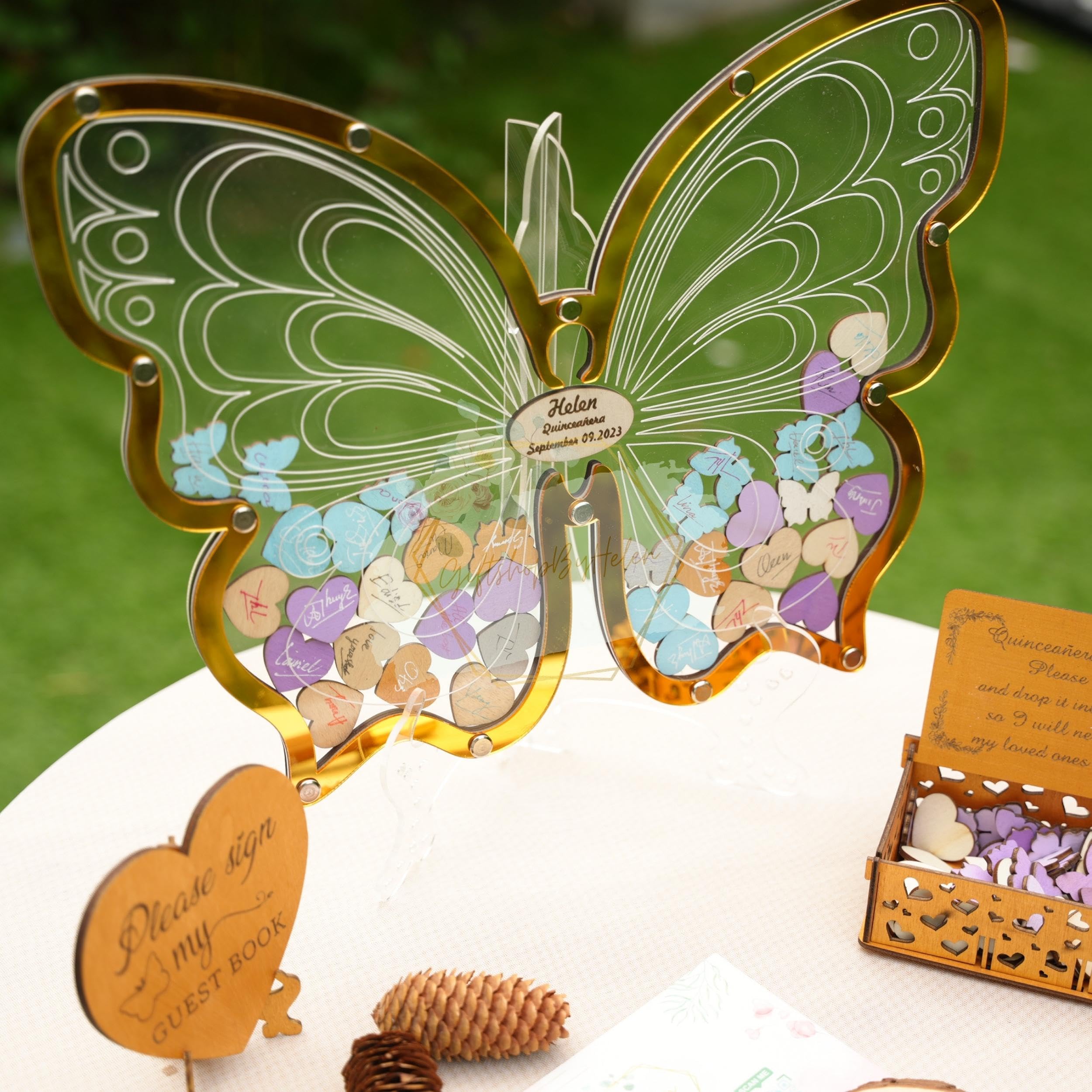 Personalized Butterfly Guest Book for Quinceañera & Sweet 15 - Wooden Heart Wedding Guest Book with Butterfly Frame for Signing - Perfect for Wedding Receptions, Quinceañeras, and Birthday Celebrations