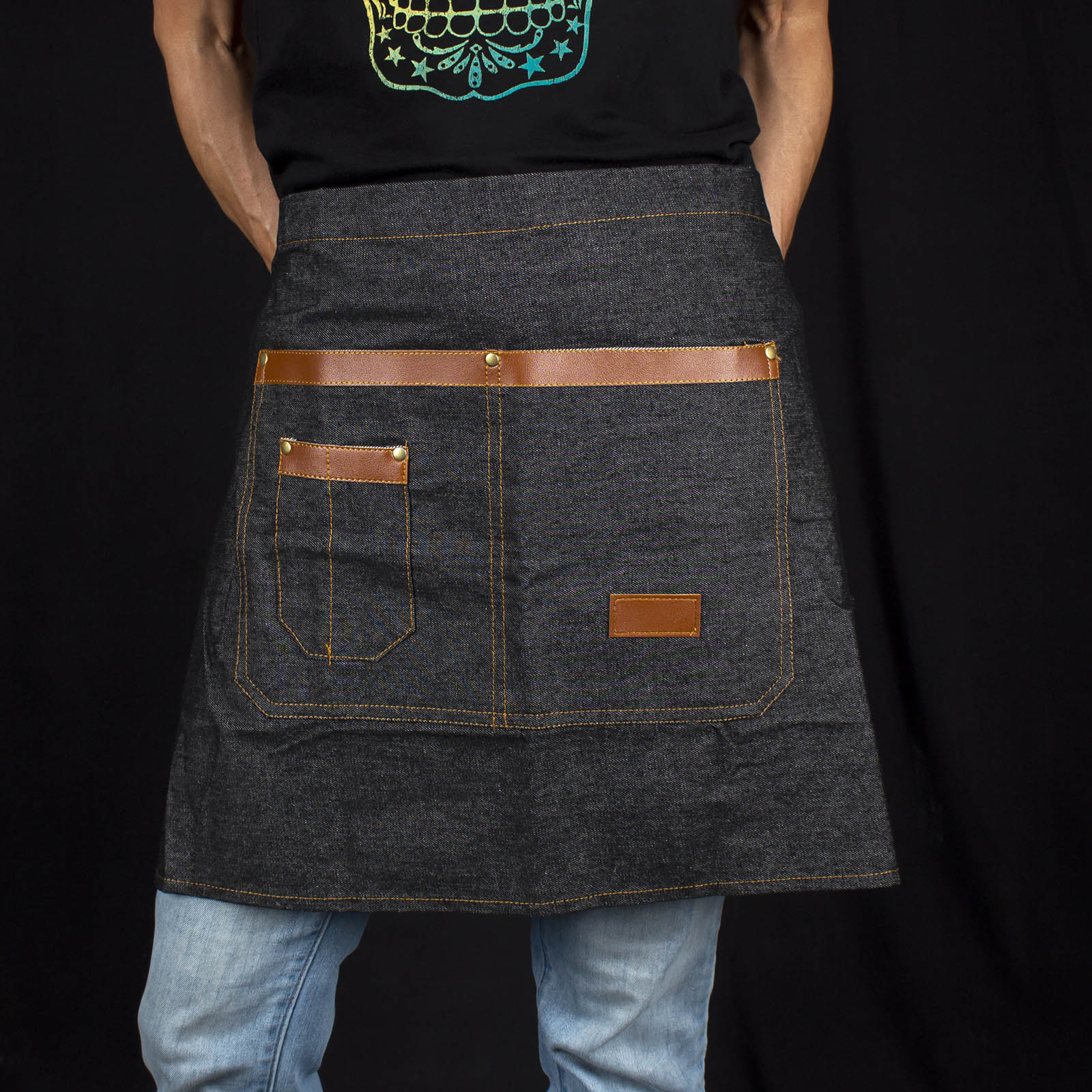 BarConic® Black Denim Waist Apron - Adjustable Waistband, Durable Work Apron for Bartenders, Servers & Chefs - Perfect for Restaurants, Bars & Kitchen Use