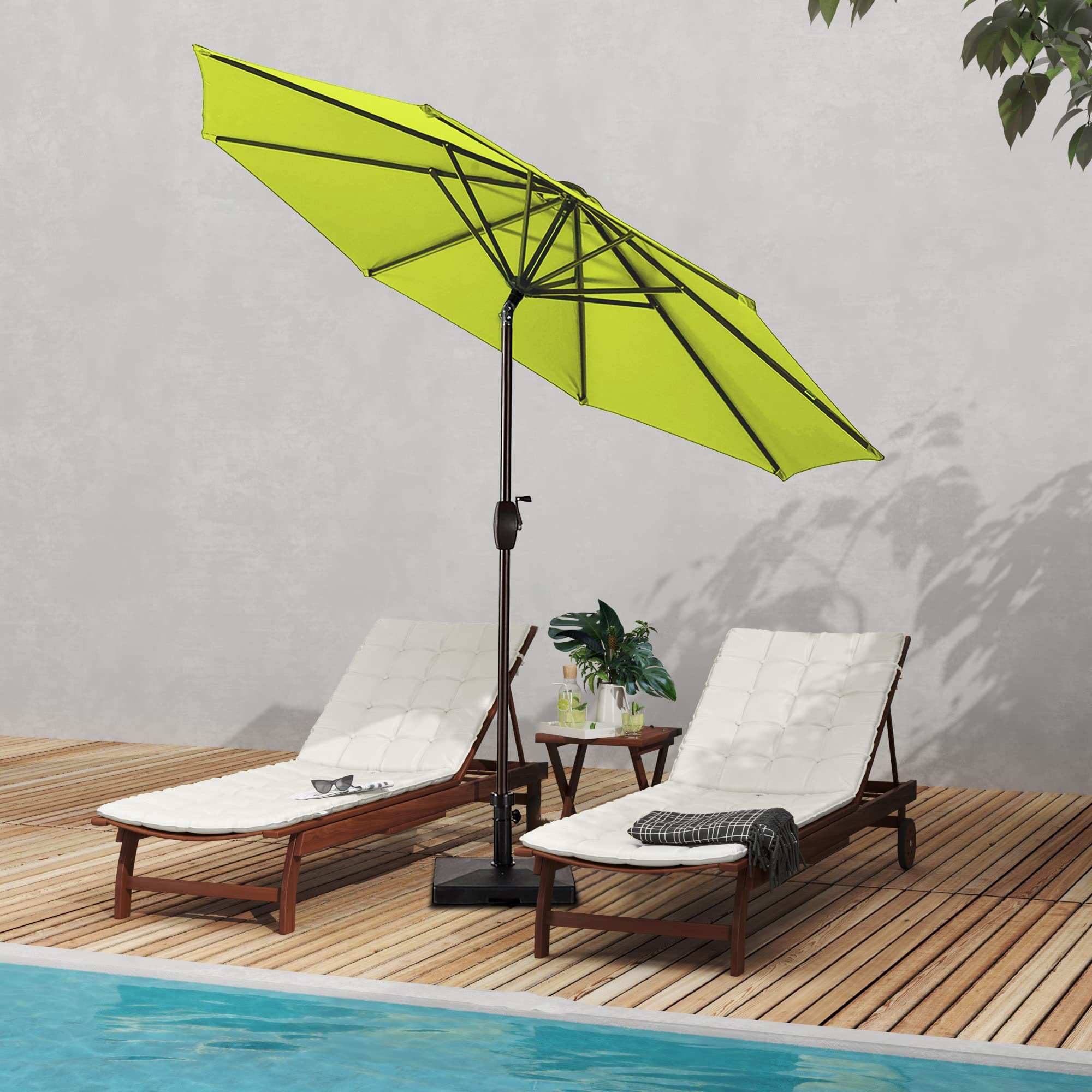 WO Home Furniture 9ft Outdoor Patio Umbrella with Heavy Duty Base - Round Market Table Sun Shade for Backyard, Poolside & Garden Relaxation