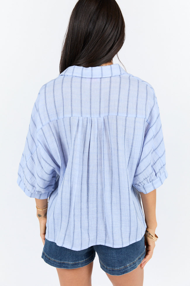 Blue Oversized Striped Gauze Button Down Shirt for Women - Lightweight & Breathable Summer Top - Perfect for Beach, Vacation, and Casual Outings
