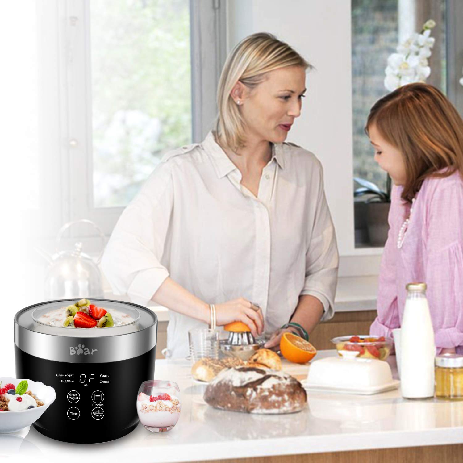 Premium Greek Yogurt Maker Machine with Strainer & Timer - Stainless Steel Inner Pot, 2 Glass Jars (1 Quart) - Automatic Digital Yogurt Maker for Homemade Organic Yogurt - Perfect for Healthy Breakfast, Snacks & Keto/Low-Carb Diets