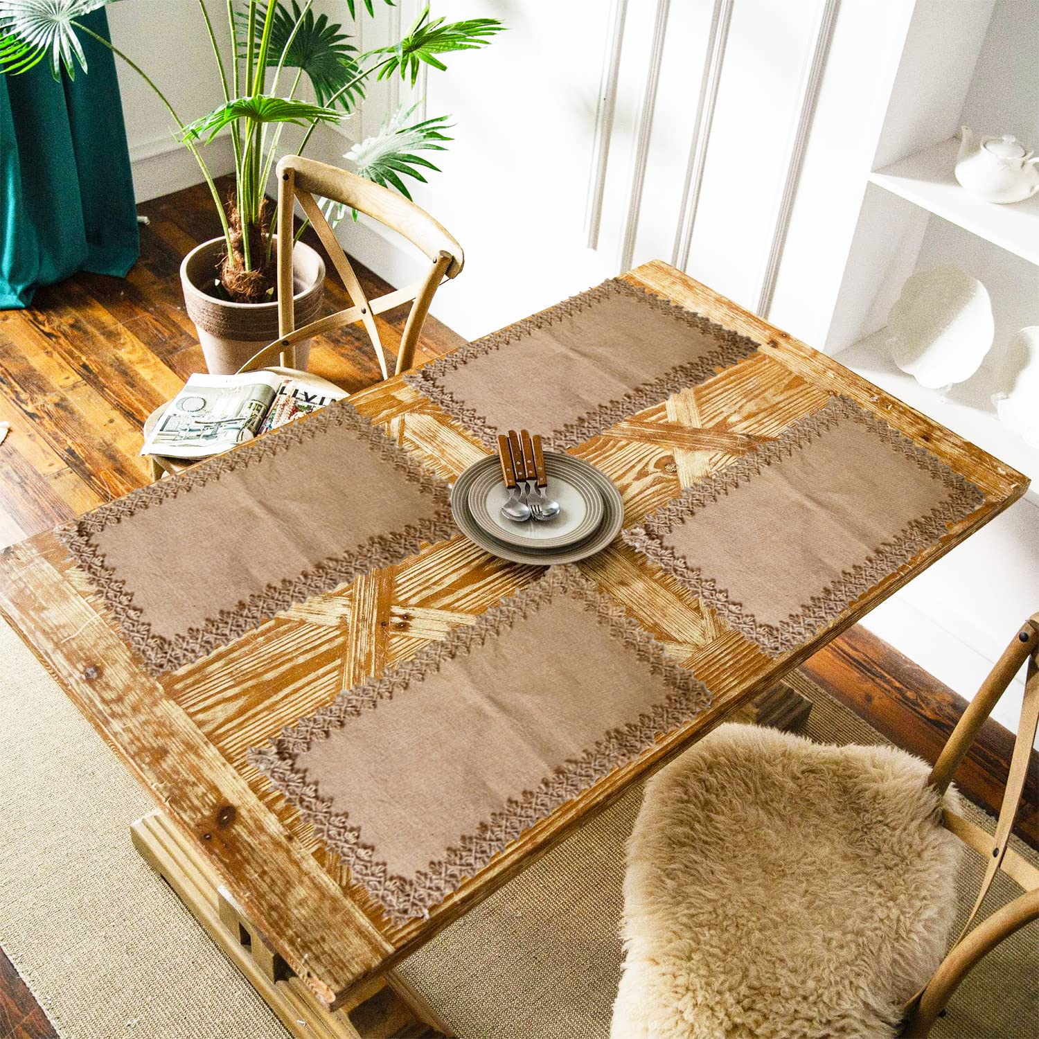 Boho Jute Lace Placemats Set of 4 - Washable Burlap Farmhouse Table Mats for Dining, Kitchen & Parties | Heat-Resistant Linen Cafe Placemats for Everyday Use & Entertaining