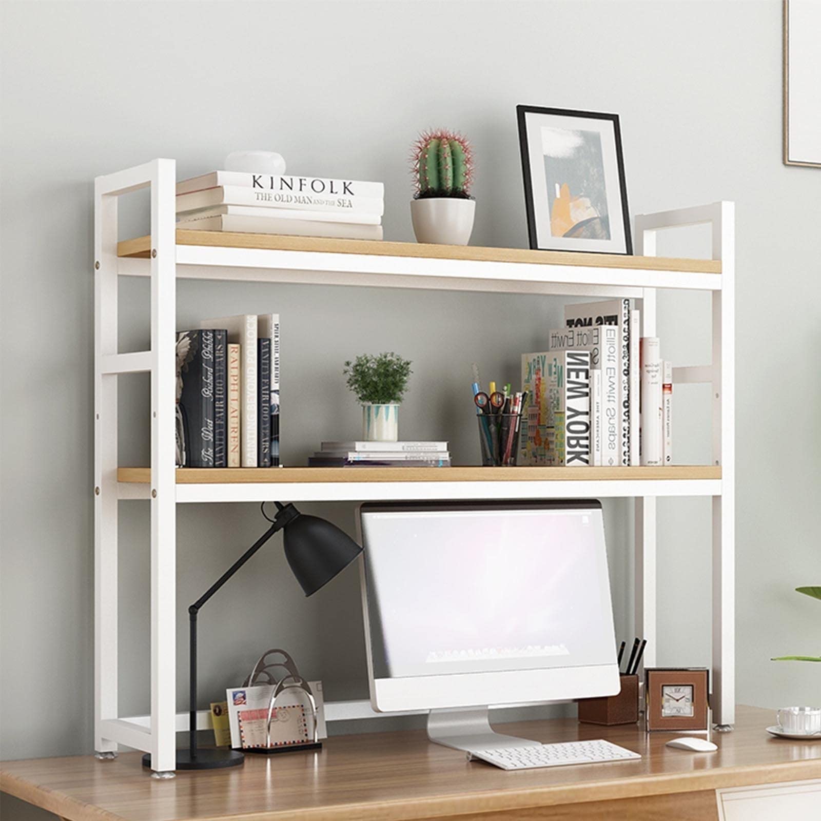 Wooden Desktop Bookshelf Organizer - Sturdy Desk Shelf Stand with 3-Tier Storage, Countertop Bookcase for Computer & Printer, Modern Open Display Rack for Home Office Decor - Perfect for Organizing Books, Files & Office Supplies on Work Desks