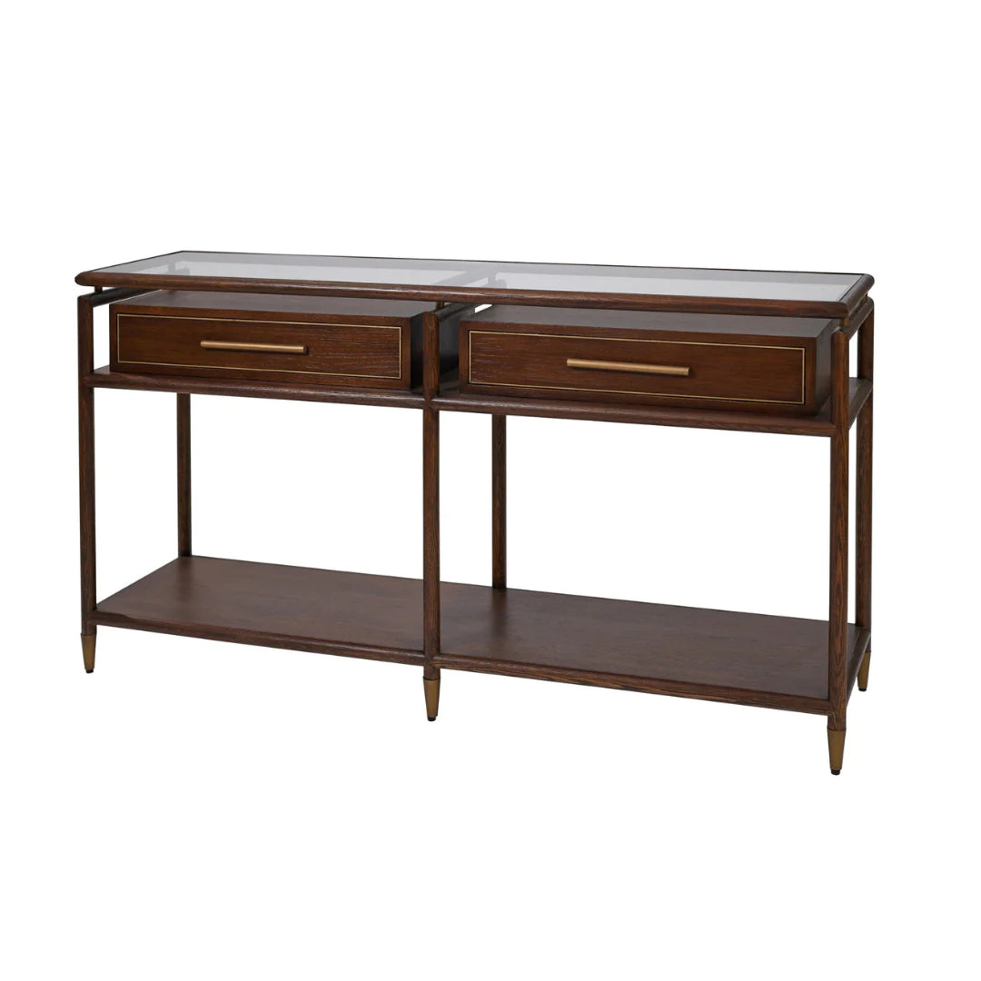 Avignon Modern Console Table - Brown Oak Wood & Tempered Glass Top - Entryway, Hallway, or Living Room Furniture for Home Decor