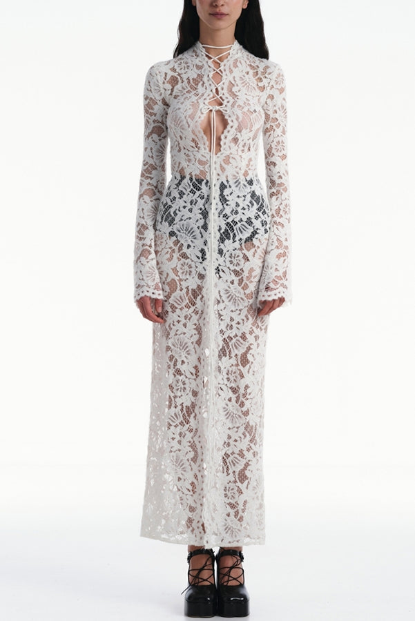 Garcelle Floral Lace Lace-Up Long Bell Sleeve Slit Midi Dress - Elegant Women's Summer Party Cocktail Dress for Weddings, Date Nights & Special Occasions