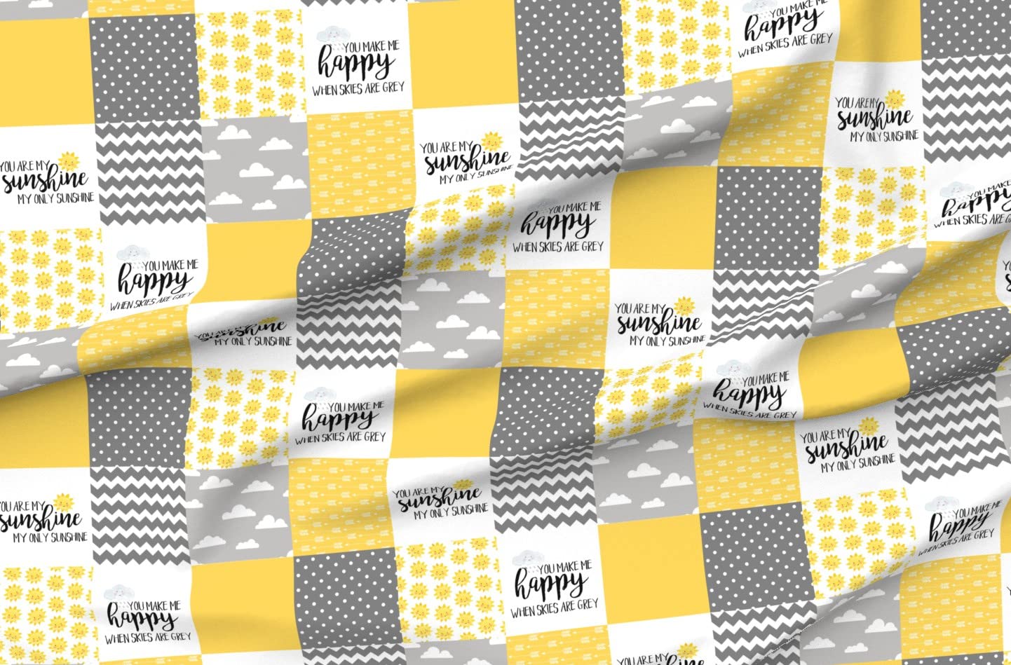 Sunshine Wholecloth Cheater Quilt Topper Fabric - Gray White Yellow Clouds & Sun Printed Minky Fabric by The Yard for Sewing Baby Blankets, Quilt Backing & Plush Projects - Soft & Cozy DIY Craft Material for Nursery Decor & Gift Making