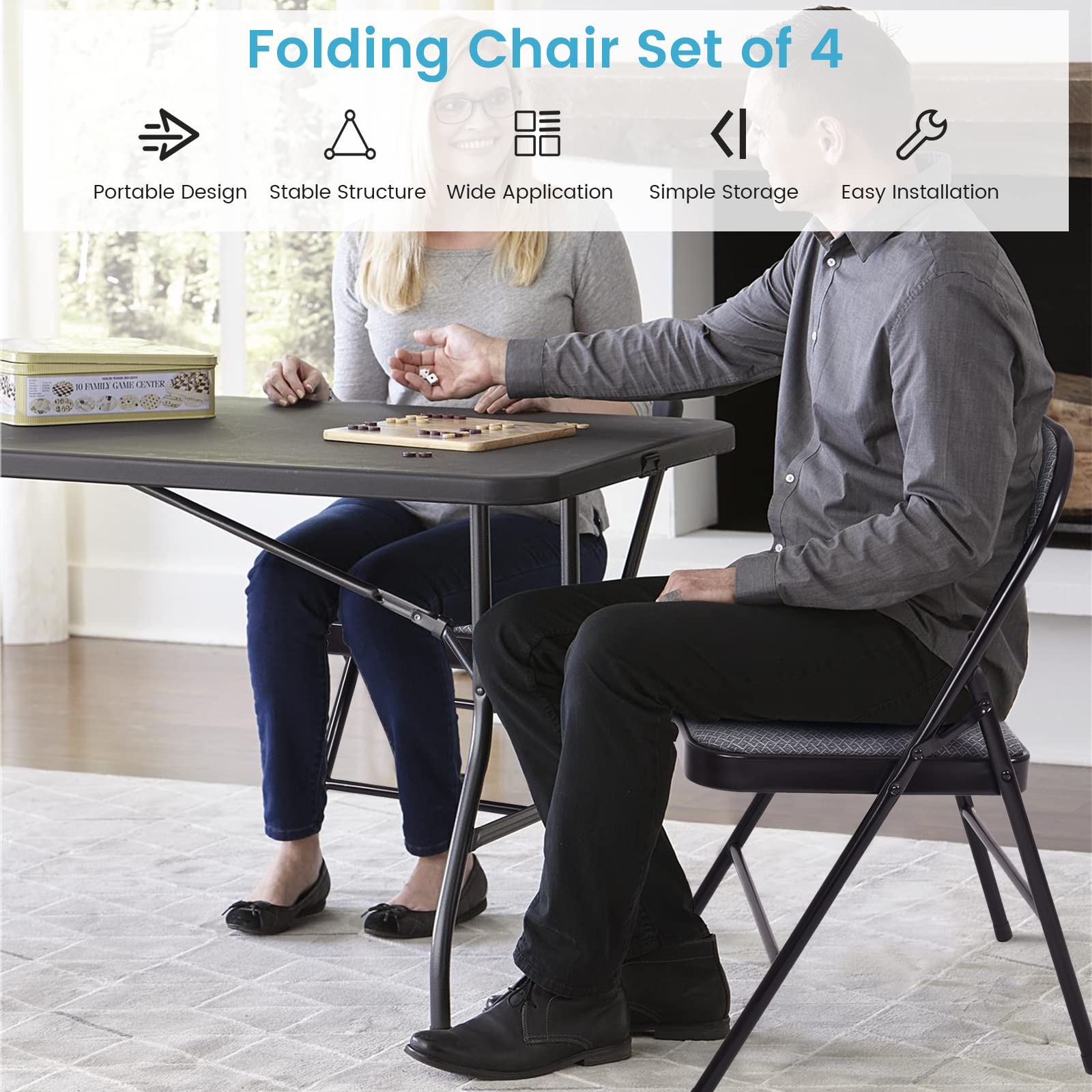 ARLIME 4-Pack Folding Chairs with Padded Seat & Back - Portable Metal Frame Chairs for Home, Office, Camping, Picnics & Outdoor Events - Set of 4 Comfortable Upholstered Chairs