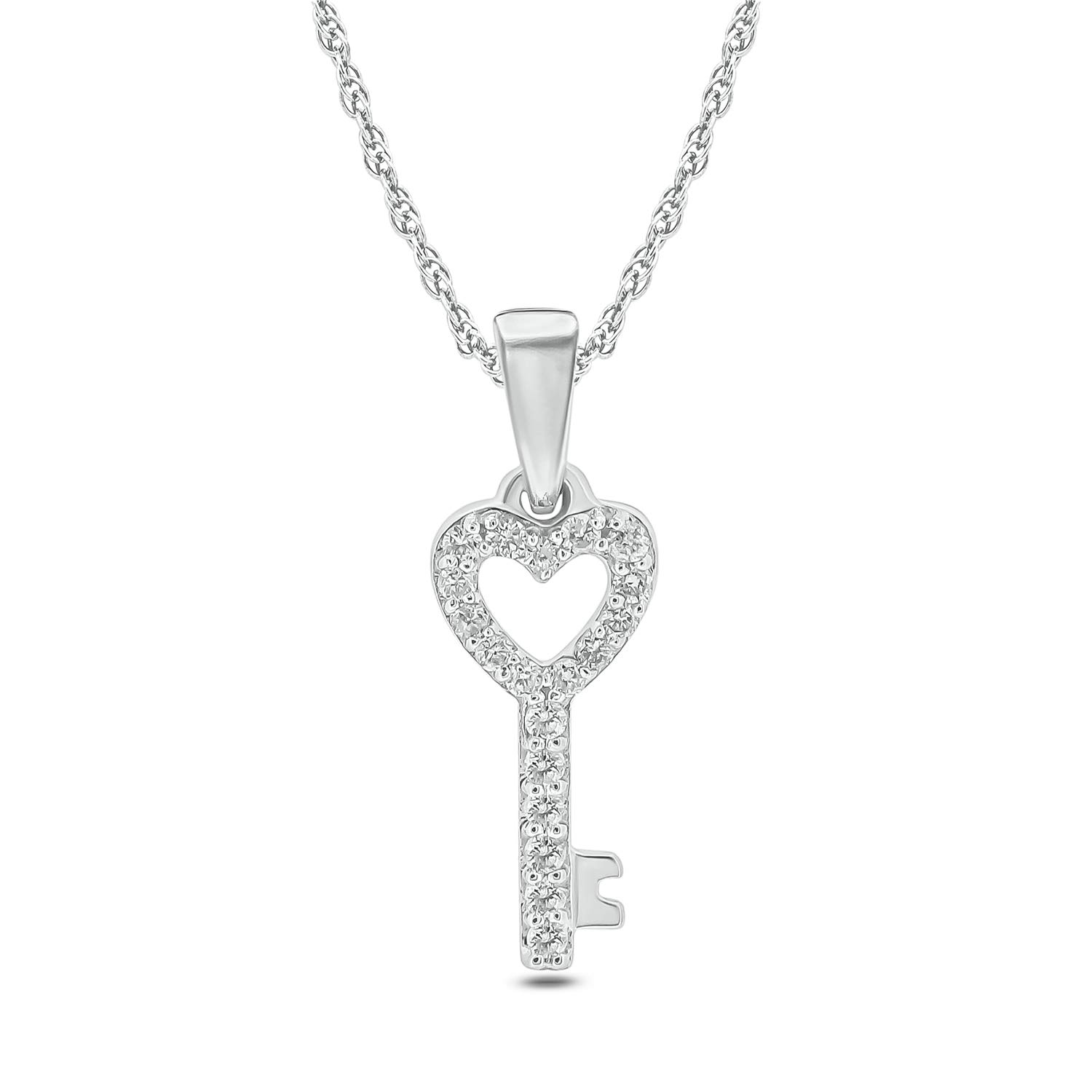 1/10cttw Diamond Heart Key Pendant Necklace for Women - 10K White Gold Key Heart Pendant with Round White Diamonds - 18