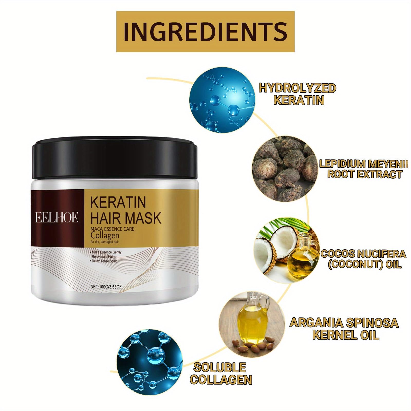 2PCS Collagen Hair Mask & Black Hair Dye Shampoo with Argan Oil - Deep Conditioning Treatment for Dry, Damaged Hair - Repair Cream for Women & Men | At-Home Salon Treatment for Color-Treated & Frizzy Hair