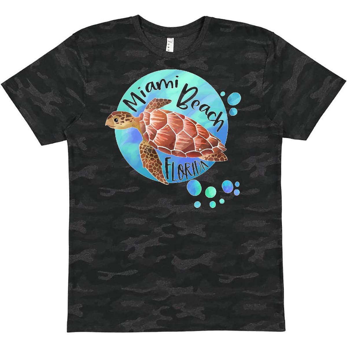Inktastic Miami Beach Florida Swimming Sea Turtle with Bubbles Graphic T-Shirt - Comfortable Casual Tee for Beach Vacation, Ocean Lovers & Summer Outfits