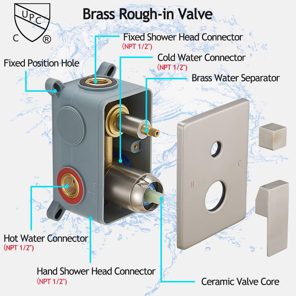 Brushed Nickel Shower System - 8 Inch High Pressure Rainfall Showerhead with Handheld Sprayer, Wall Mounted Bathroom Faucet Set with Rough-in Valve & Trim Kit | Perfect for Master Bath, Spa-Like Shower Experience & Modern Home Renovation