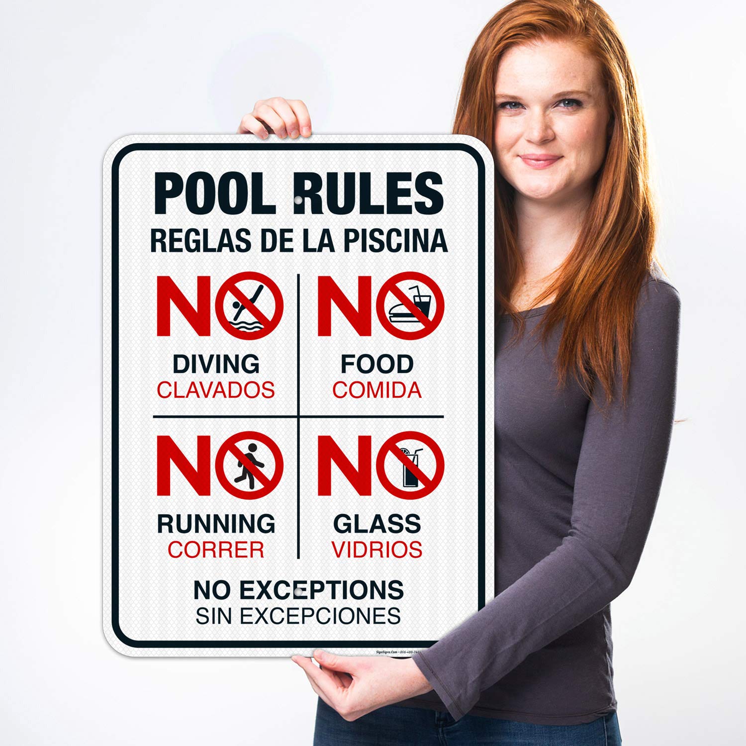 Bilingual Pool Rules Sign - No Diving, No Running, No Food, No Glass | 18x24 Inches | 3M EGP Reflective .080 Aluminum | Fade Resistant | Indoor/Outdoor Use | Made in USA | Perfect for Public Pools, Water Parks & Backyard Swimming Areas
