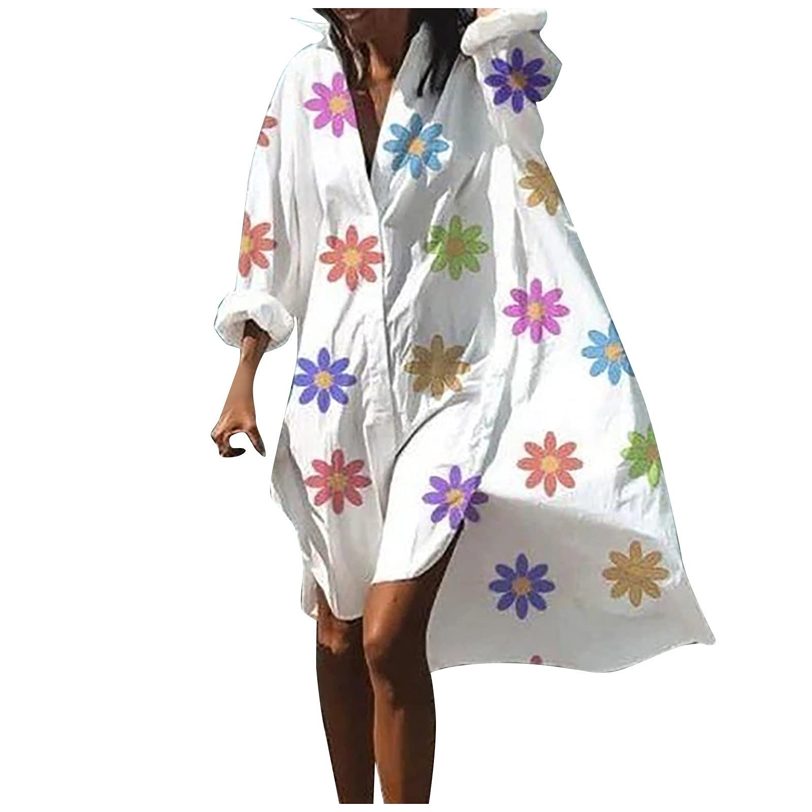 HAOREEKZ Women's Summer Floral Print Long Sleeve Button Down Shirt Dress - Trendy Cardigan Style for Casual Outings, Office Wear & Spring/Summer Fashion