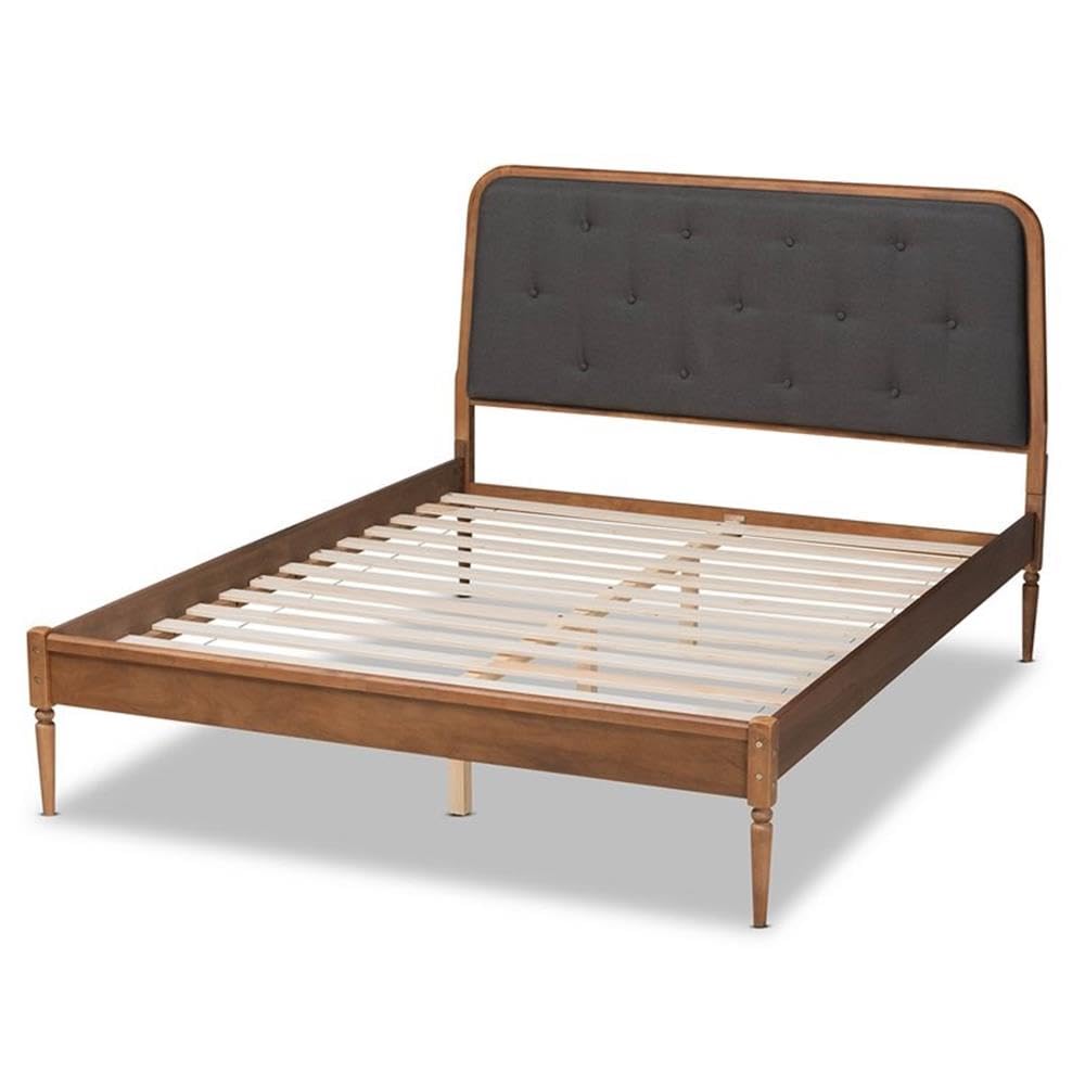 Baxton Studio Diantha Full Size Platform Bed - Dark Grey Fabric Upholstery with Walnut Brown Wood Finish | Classic Traditional Bedroom Furniture for Home Decor