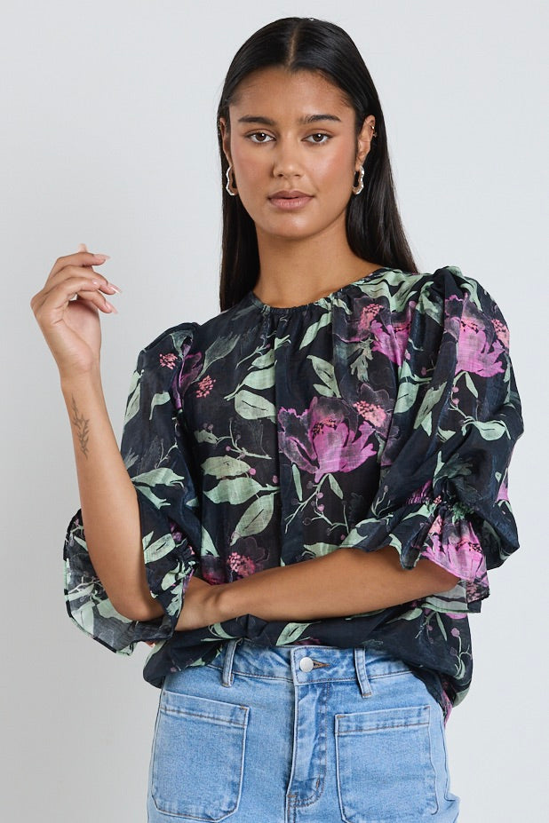Stylish Petrol Lilac Floral Print Crew Neck Mid Sleeve Blouse for Women | Casual Summer Tops | Perfect for Office Wear, Date Nights & Weekend Outings