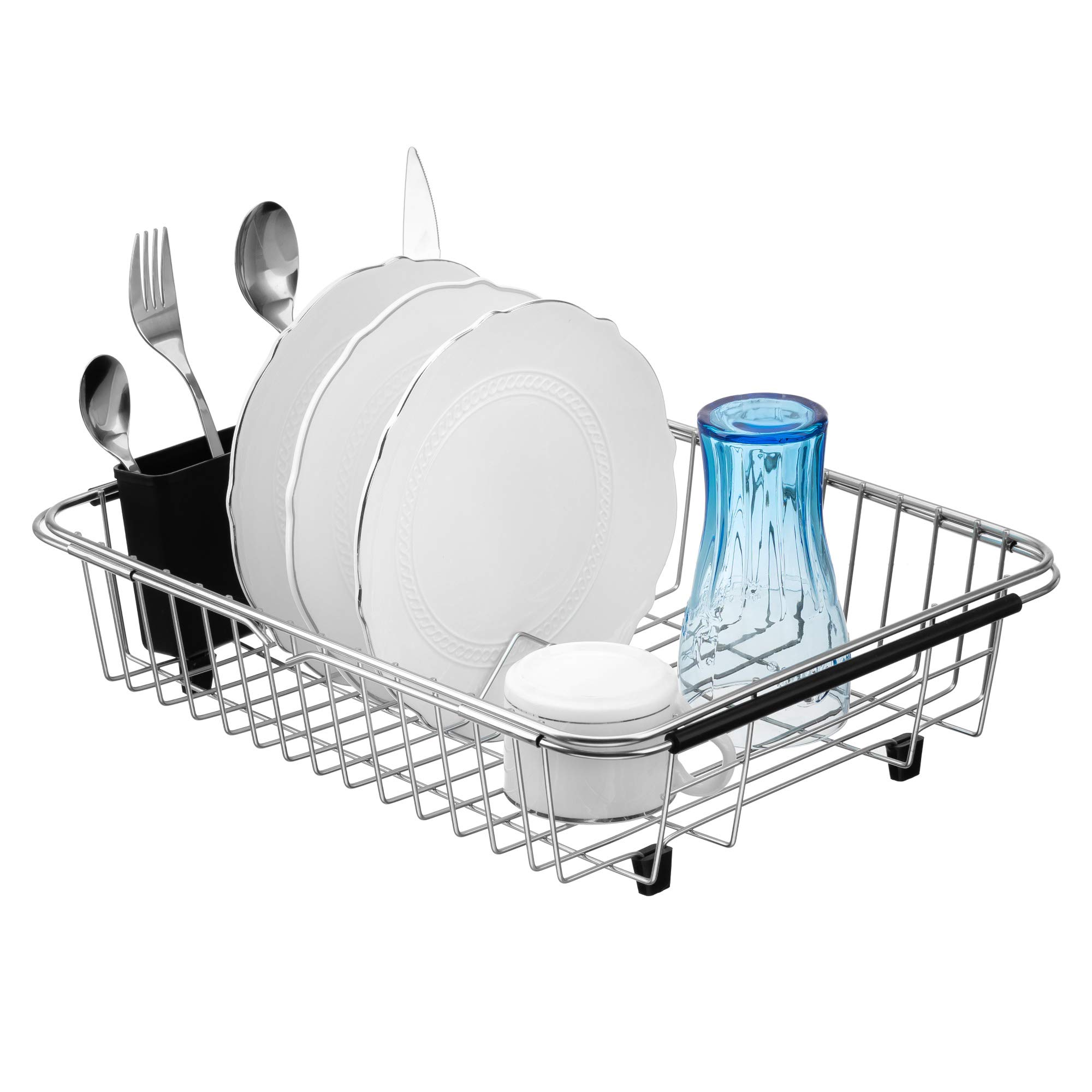 Expandable Stainless Steel Dish Drying Rack - Over The Sink or Countertop Drainer with Black Utensil Holder & Cutlery Tray | Rustproof Kitchen Organizer for Small Spaces | Perfect for Apartments, RVs & Compact Kitchens