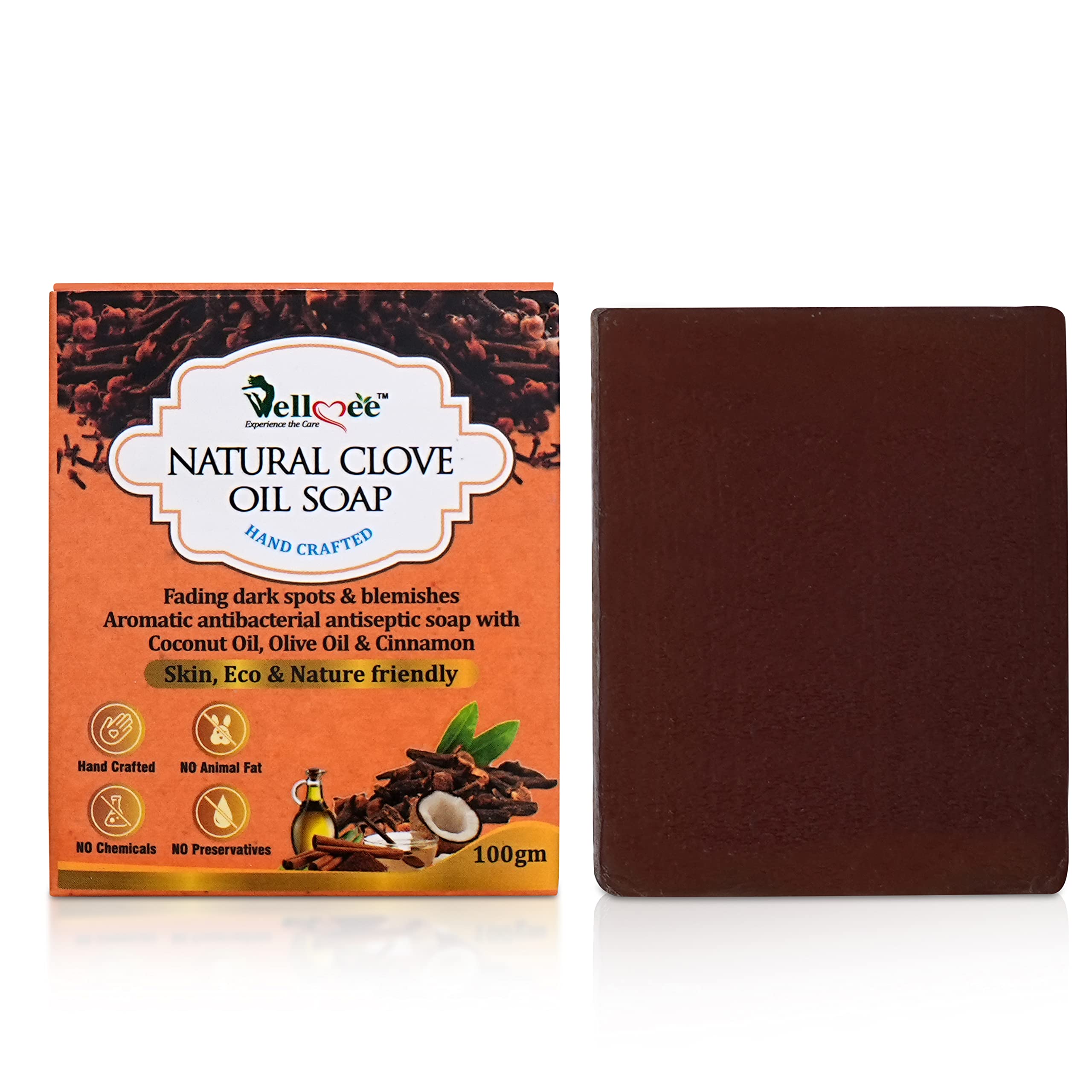 WELLMEE Natural Clove Oil Antibacterial Handmade Soap with Coconut Oil & Olive Oil - Reduces Dark Spots & Nourishes Skin - 100g Bar Soap for Acne Treatment, Daily Cleansing & Spa Relaxation