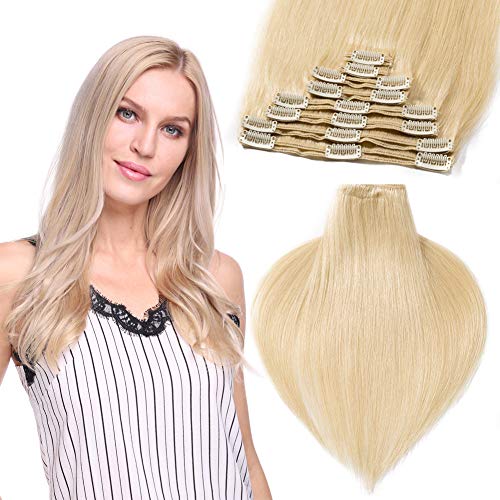 Benehair 8pcs 18 Clips Blonde Clip-in Hair Extensions - 100% Remy Human Hair, Double Weft, 8A Grade Soft Straight Bleach Blonde 8 Inch - Seamless & Thick for Natural Volume - Perfect for Parties, Weddings & Daily Styling