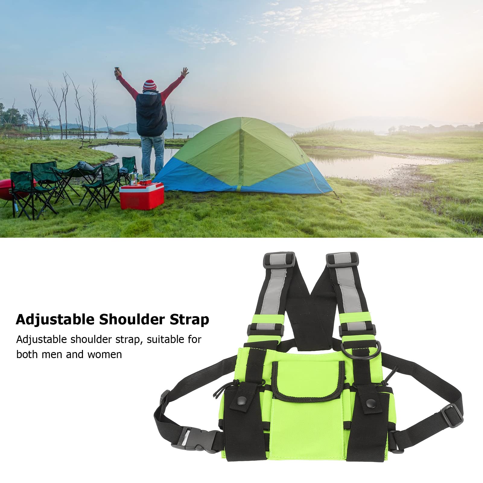 Adjustable Radio Chest Harness Vest Bag for Two-Way Radios & Walkie Talkies - Fruit Green Tactical Shoulder Strap Pack with Pockets - Ideal for Security, Construction, Hiking & Outdoor Activities