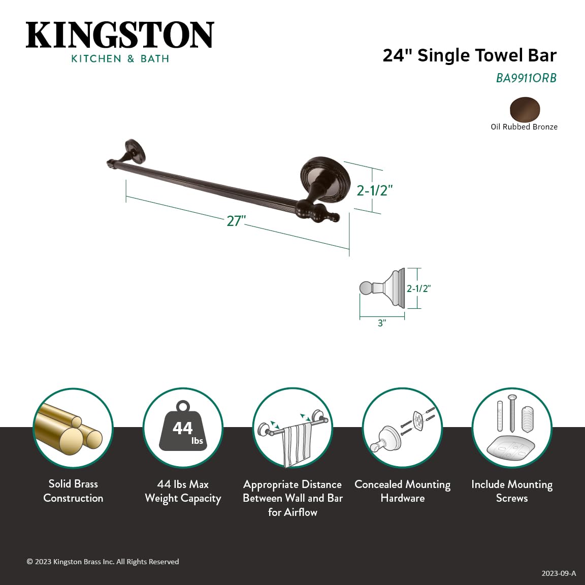 Kingston Brass BA9911ORB 24-Inch Oil Rubbed Bronze Towel Bar - Bathroom Towel Rack for Hand & Bath Towels, Perfect for Bathrooms, Powder Rooms & Spa Areas
