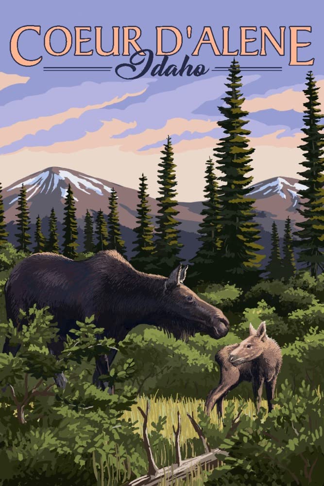 Lantern Press Coeur d'Alene Idaho Moose and Baby Calf Wall Art - 24x36 Wrapped Canvas Print for Home & Office Decor - Perfect for Living Room, Bedroom, or Cabin