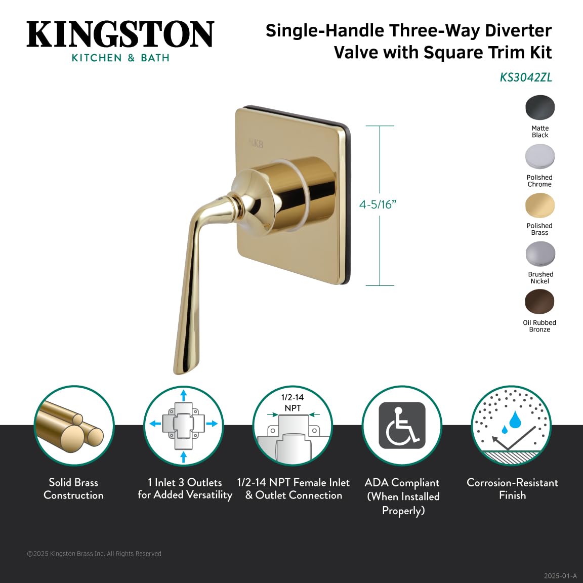 Kingston Brass KS3045ZL 3-Way Diverter Valve with Trim Kit in Oil Rubbed Bronze Finish - Perfect for Shower, Bathtub, and Spa Plumbing Systems