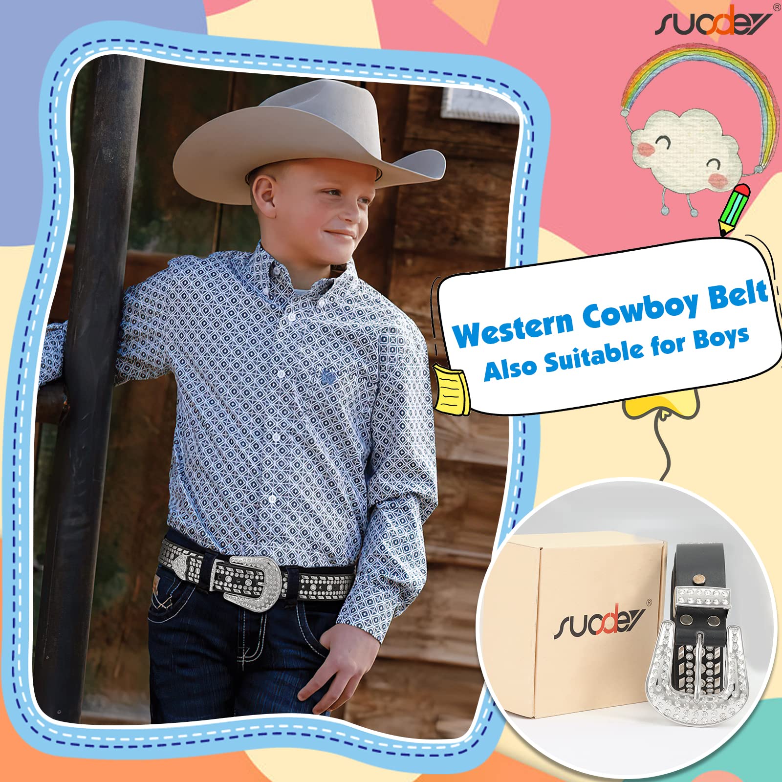 SUOSDEY Sparkling Rhinestone Belt for Girls & Boys - Western Cowgirl Cowboy Studded Leather Belt for Kids | Perfect for Birthday Parties, Rodeo Events & Western Fashion Outfits