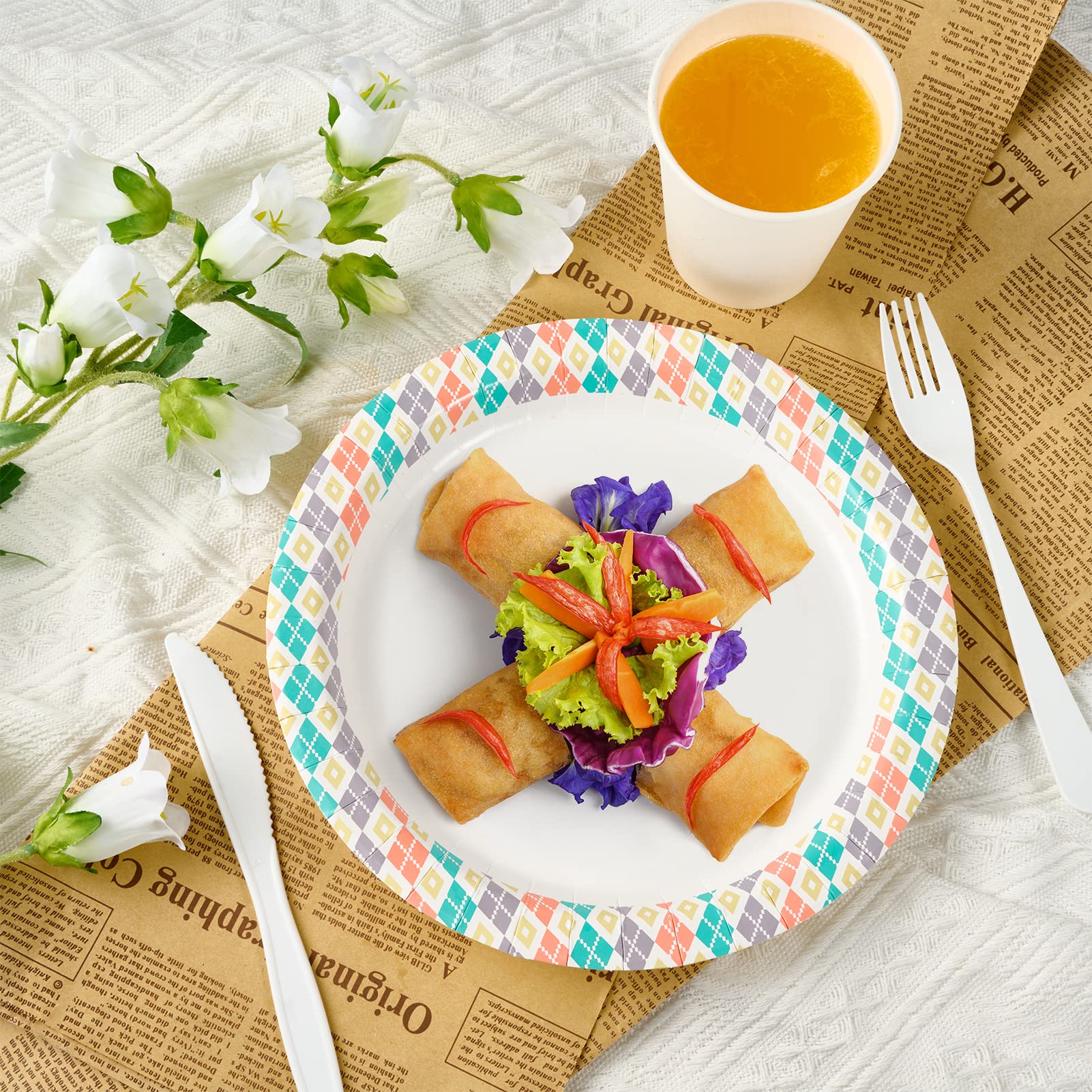 FOCUSLINE 360 Count 8.375 Inch Disposable Paper Plates - Soak Proof, Checkered Pattern Modern Dinner Plates for Meals, Snacks & Parties - Perfect for BBQs, Picnics, Birthday Parties & Family Gatherings