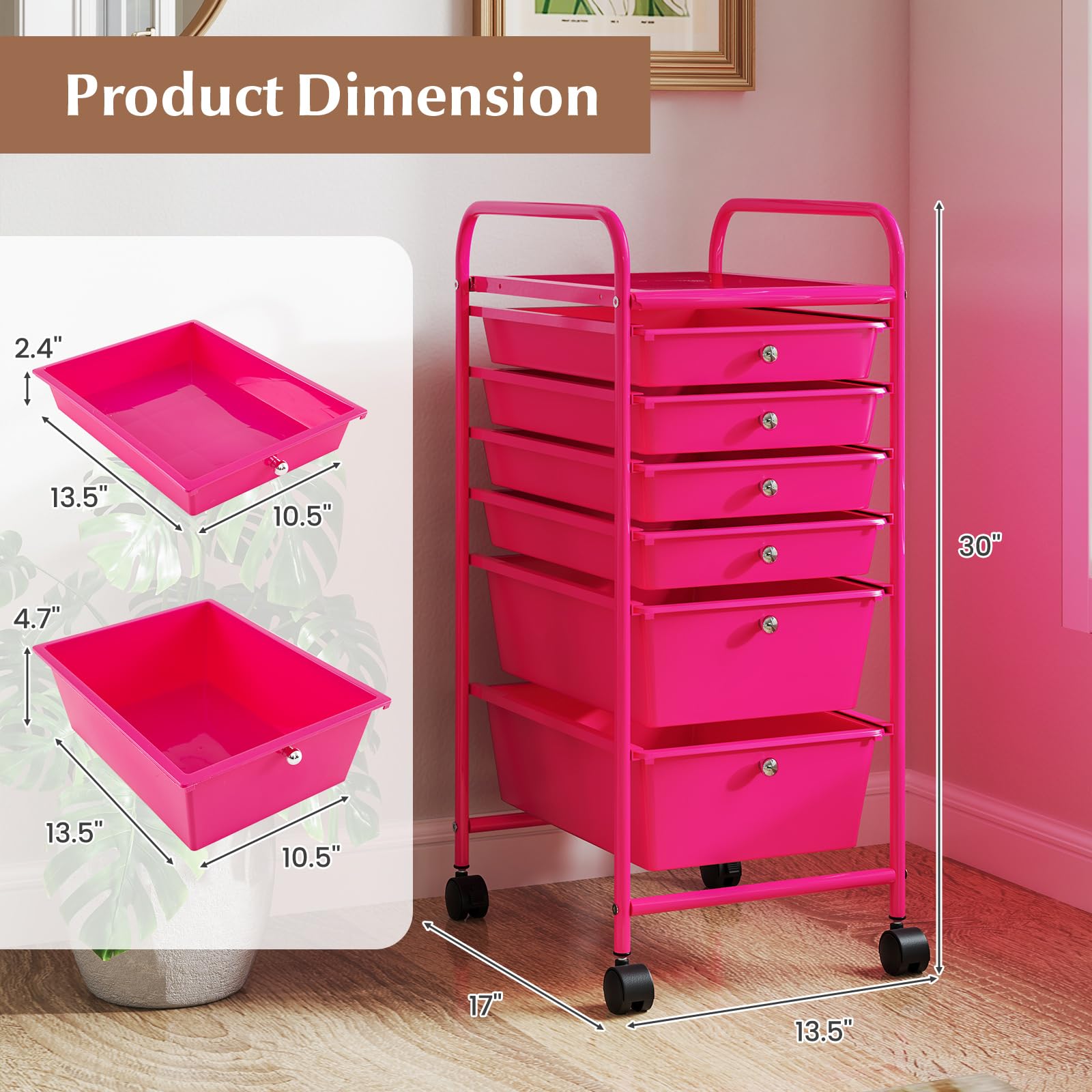 RELAX4LIFE 6-Drawer Rolling Storage Cart with Removable Plastic Bins - Mobile Organizer for Classroom, Home Office & Craft Supplies | Portable Utility Cart for School, Art Projects & Office Organization (Pink)