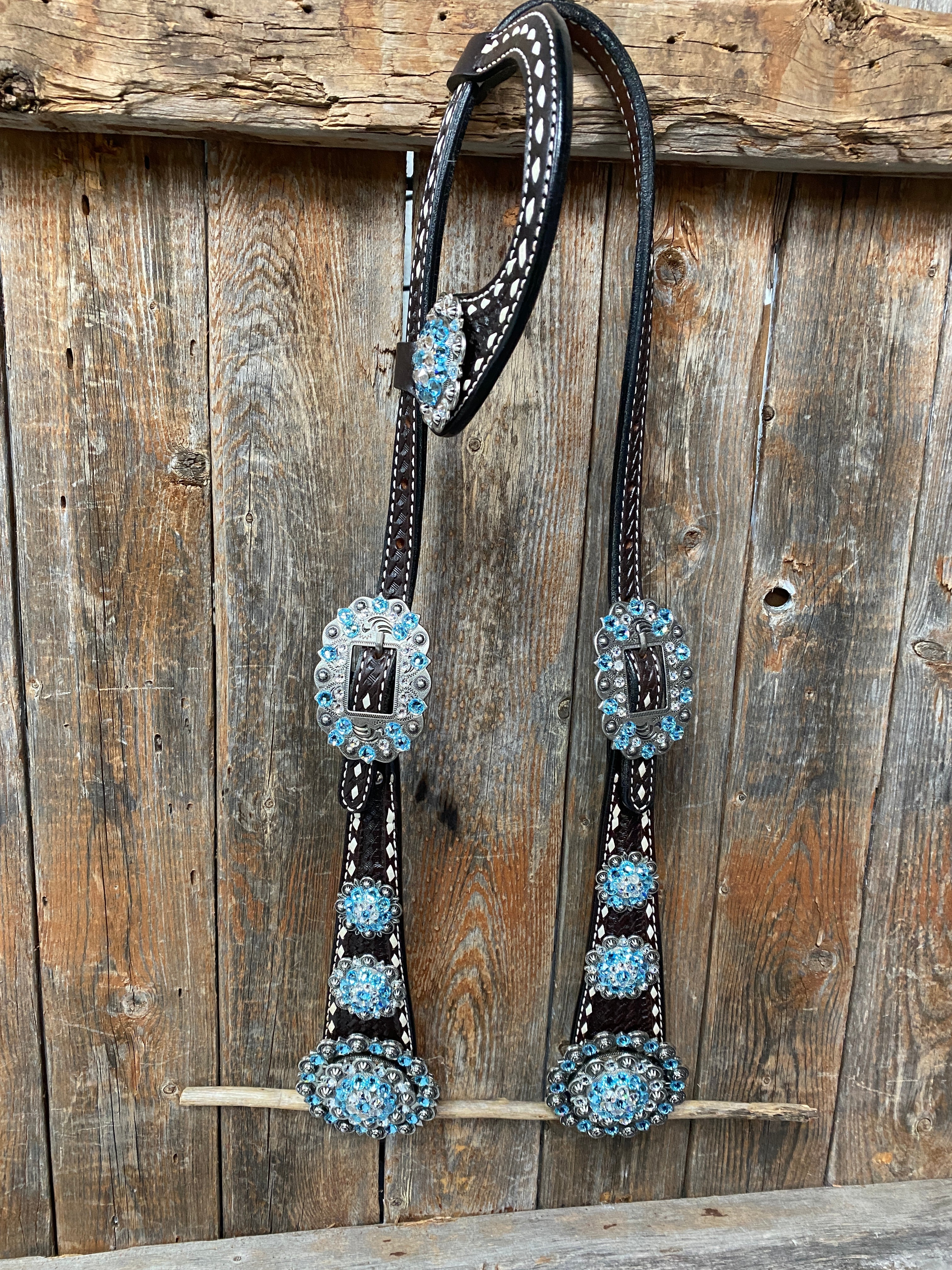 Premium Dark Oil Buckstitch Aqua & Clear One Ear & Breastcollar Tack Set #OEBC439 - Western Horse Riding Show & Trail Equipment