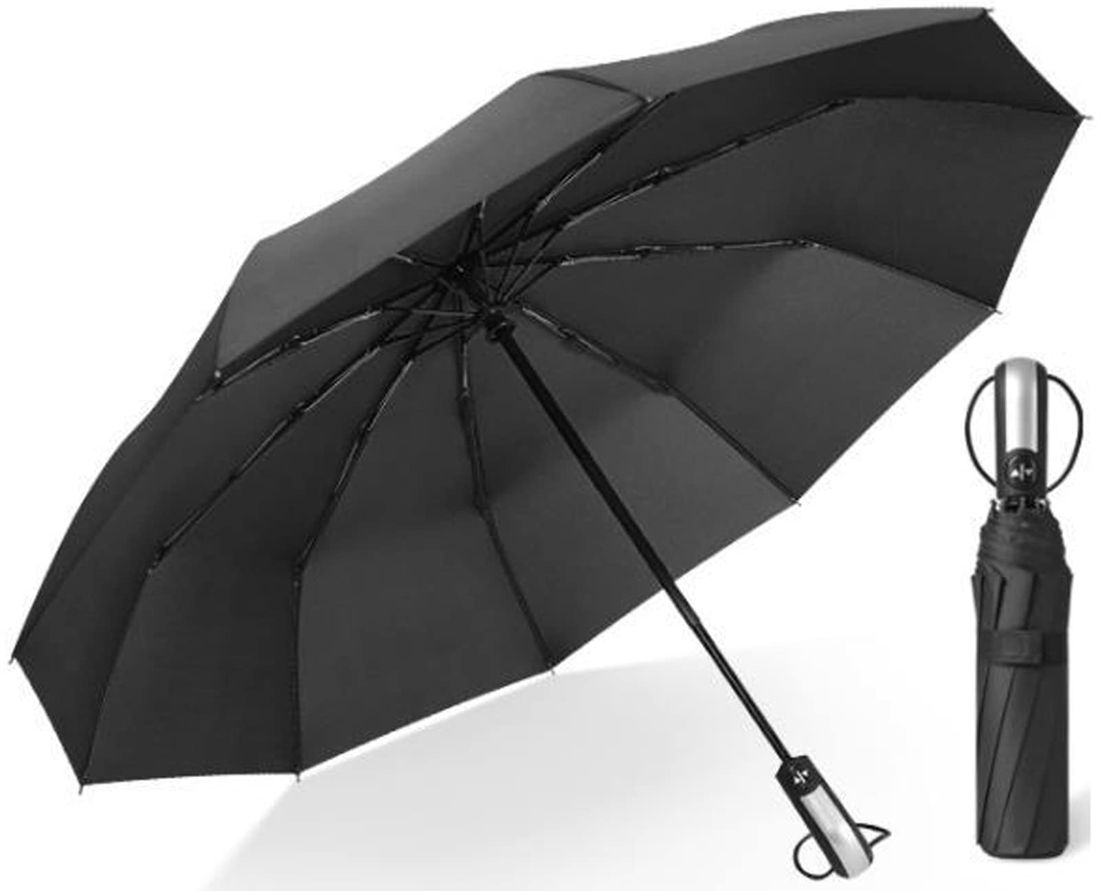 Windproof Travel Umbrella - Automatic Open/Close Compact Folding Umbrella for Women & Men - Large 10-Rib Strong Unisex Rain Umbrella - Perfect for Commuting, Travel & Outdoor Activities (Black)