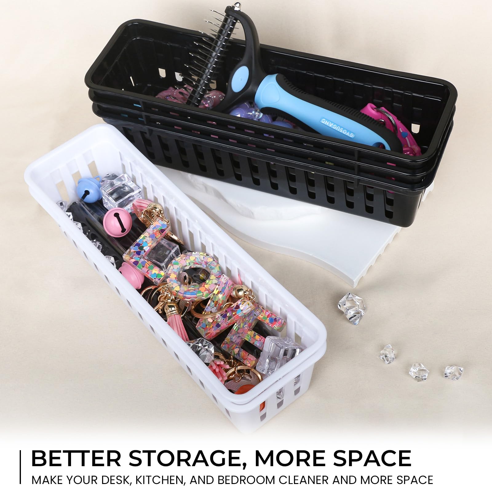 6PCS Stackable Storage Baskets & Drawer Organizers - Slim Plastic Container Trays for Desk, Vanity, Bedroom, Bathroom, Kitchen & Garage - Space-Saving Home Organization Solution (Black) - Perfect for Clutter-Free Drawers, Shelves and Countertops