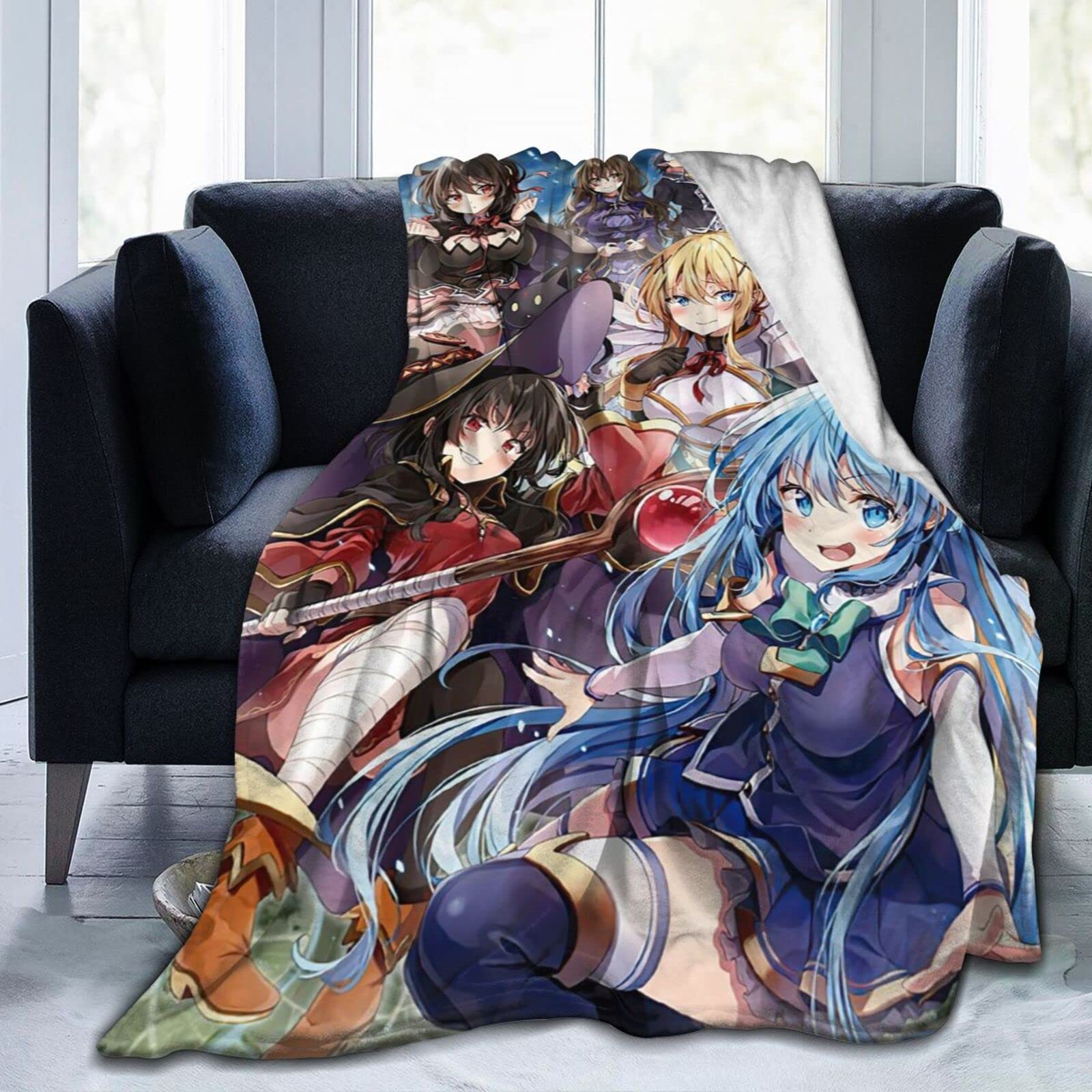 KaeLreek Konosuba Anime Flannel Fleece Blanket - Super Soft & Warm 50x40 Inch Plush Throw Blanket for Bed, Sofa, Gift for Kids & Adults - Perfect for Winter Nights, Movie Time & Anime Lovers (Black)