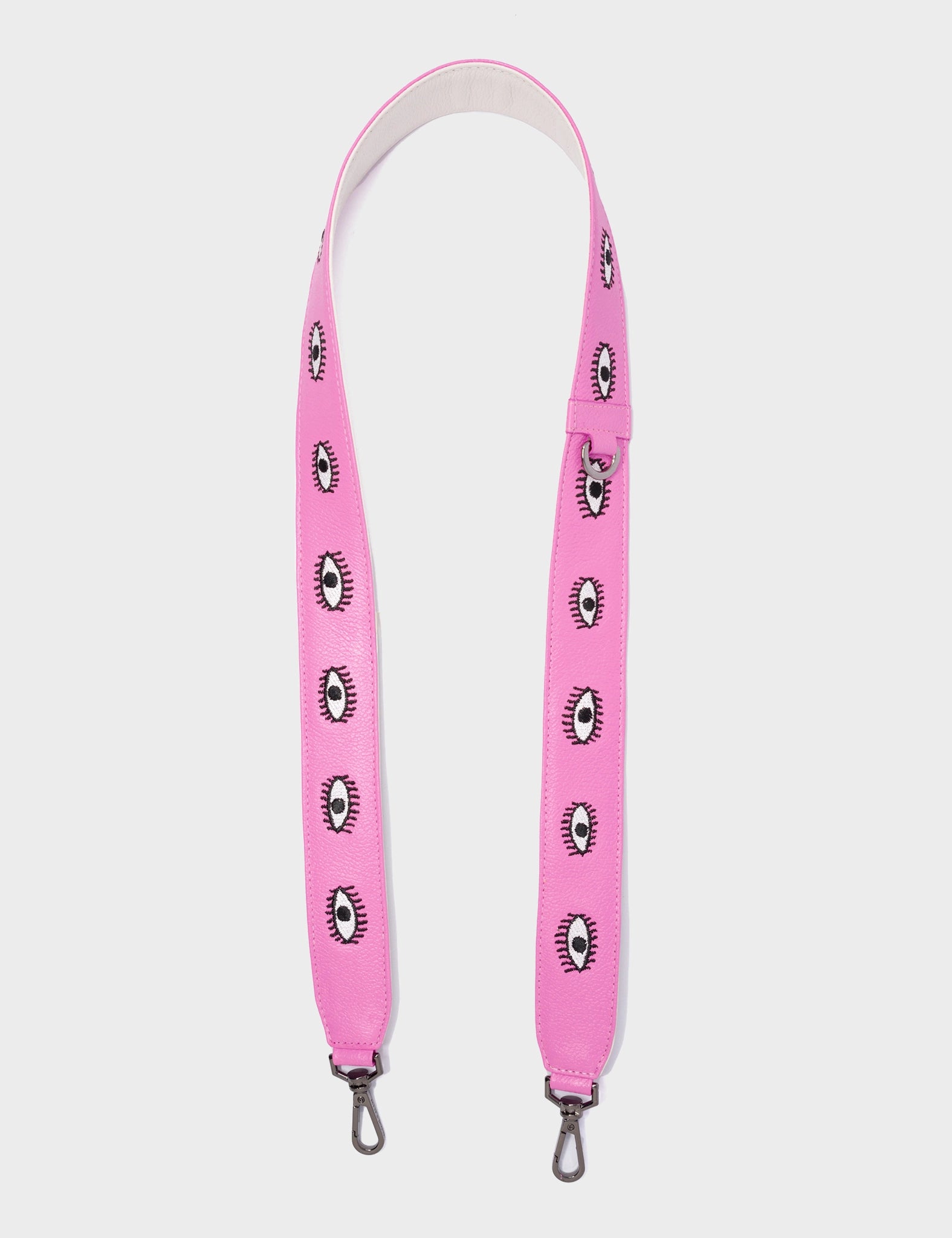 Detachable Bubblegum Pink Leather Shoulder Bag with All Over Eyes Embroidery - Stylish Crossbody Purse for Women, Perfect for Casual Outings, Travel & Everyday Use