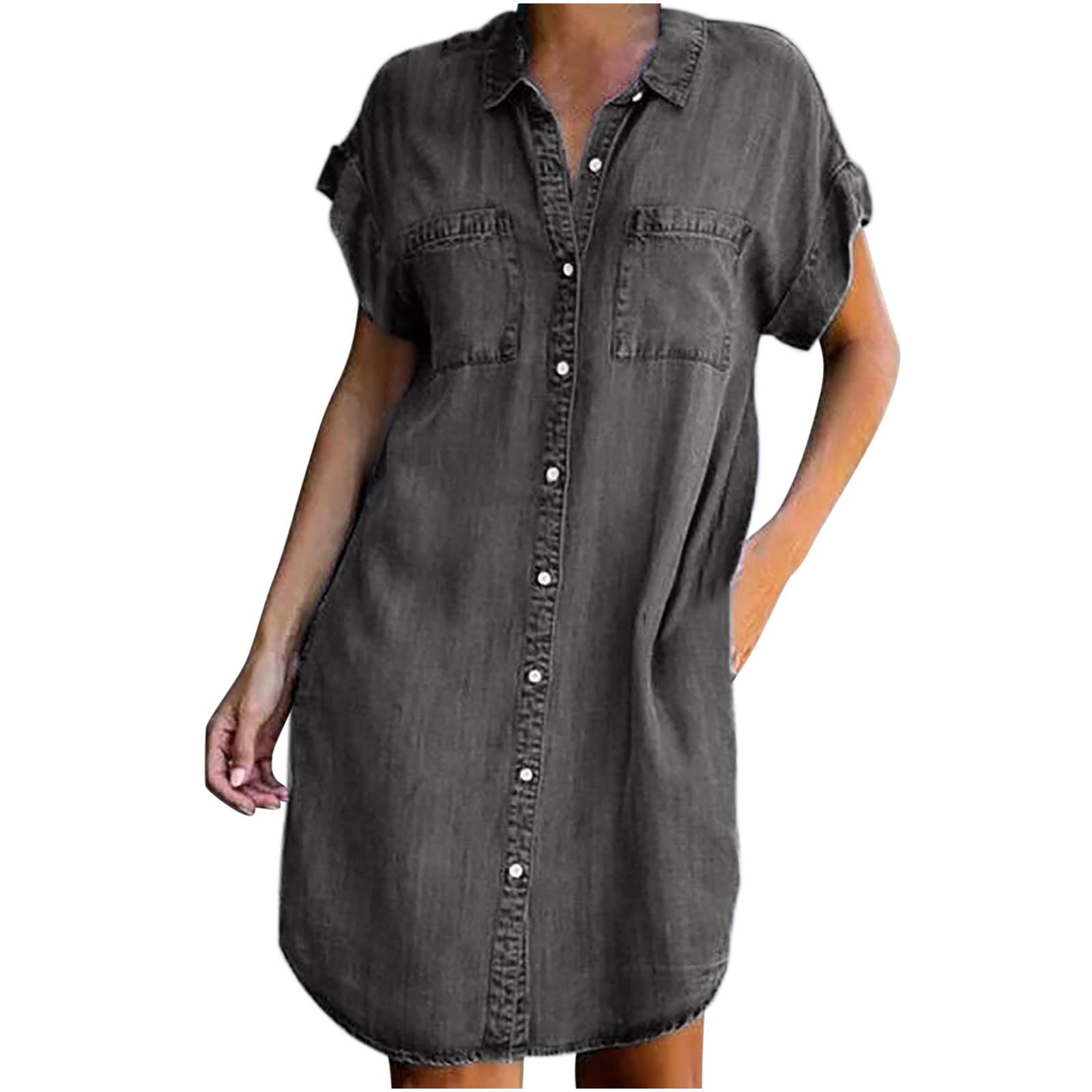 Women's Distressed Denim Shirt Dress - Casual Button Down Mini Dress for Summer Outings