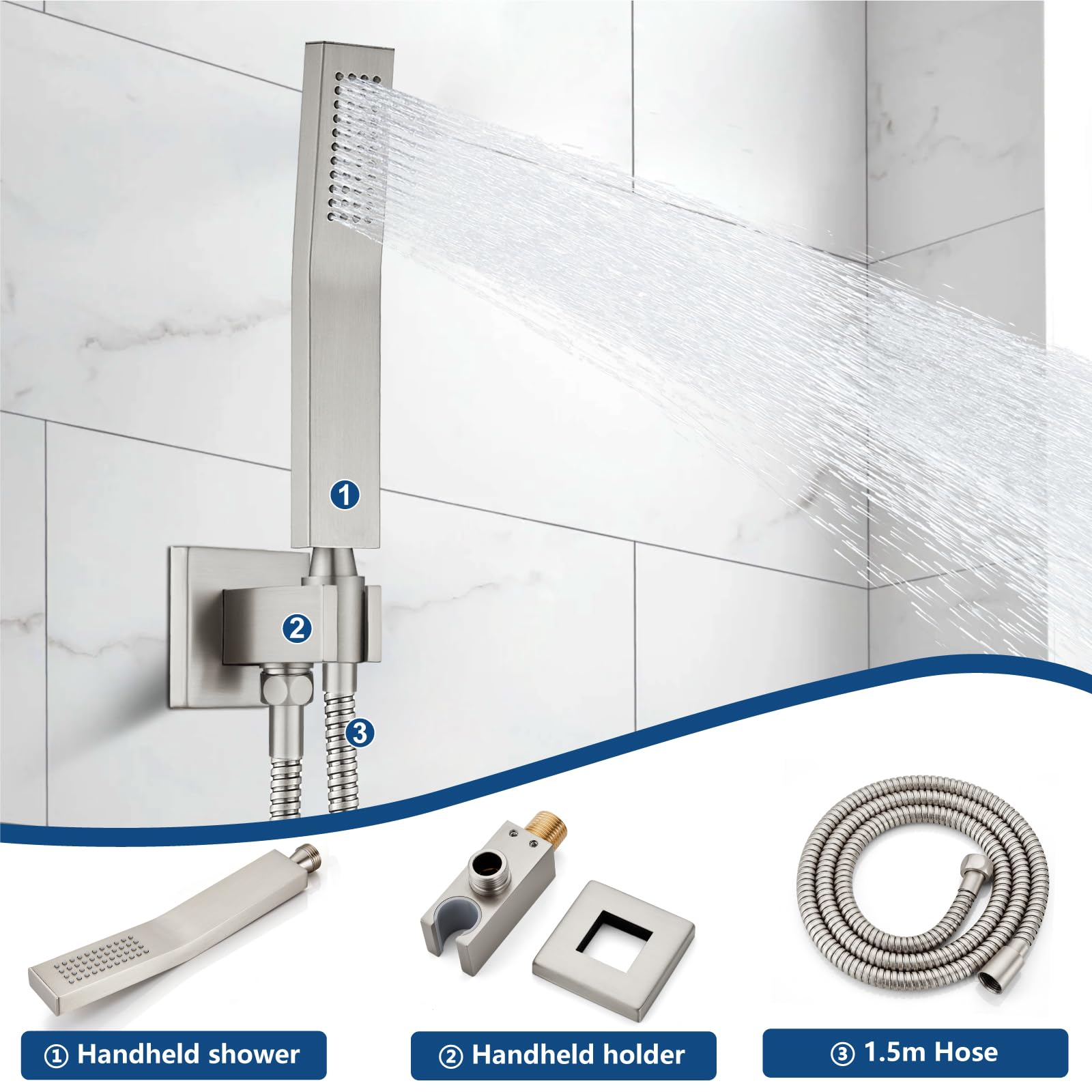 Midanya 8 Inch Brushed Nickel Rain Shower System - Square Rainfall Shower Head with Handheld Sprayer, Waterfall Tub Spout & Mixer Valve Combo for Bathroom Remodeling | Perfect for Spa-Like Showers and Relaxing Baths