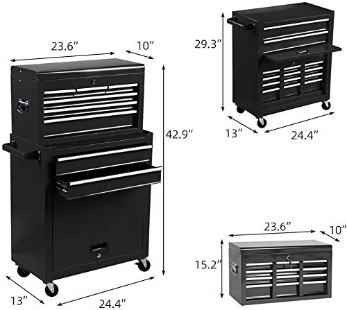 8-Drawer Rolling Tool Chest with Lock - Heavy-Duty Sliding Drawers & 4 Casters - High Capacity Tool Storage Cabinet for Garage, Workshop, Warehouse - Removable Organizer for Mechanics & DIY (Cool Black) - Perfect for Professional Tool Organization & Home Improvement Projects