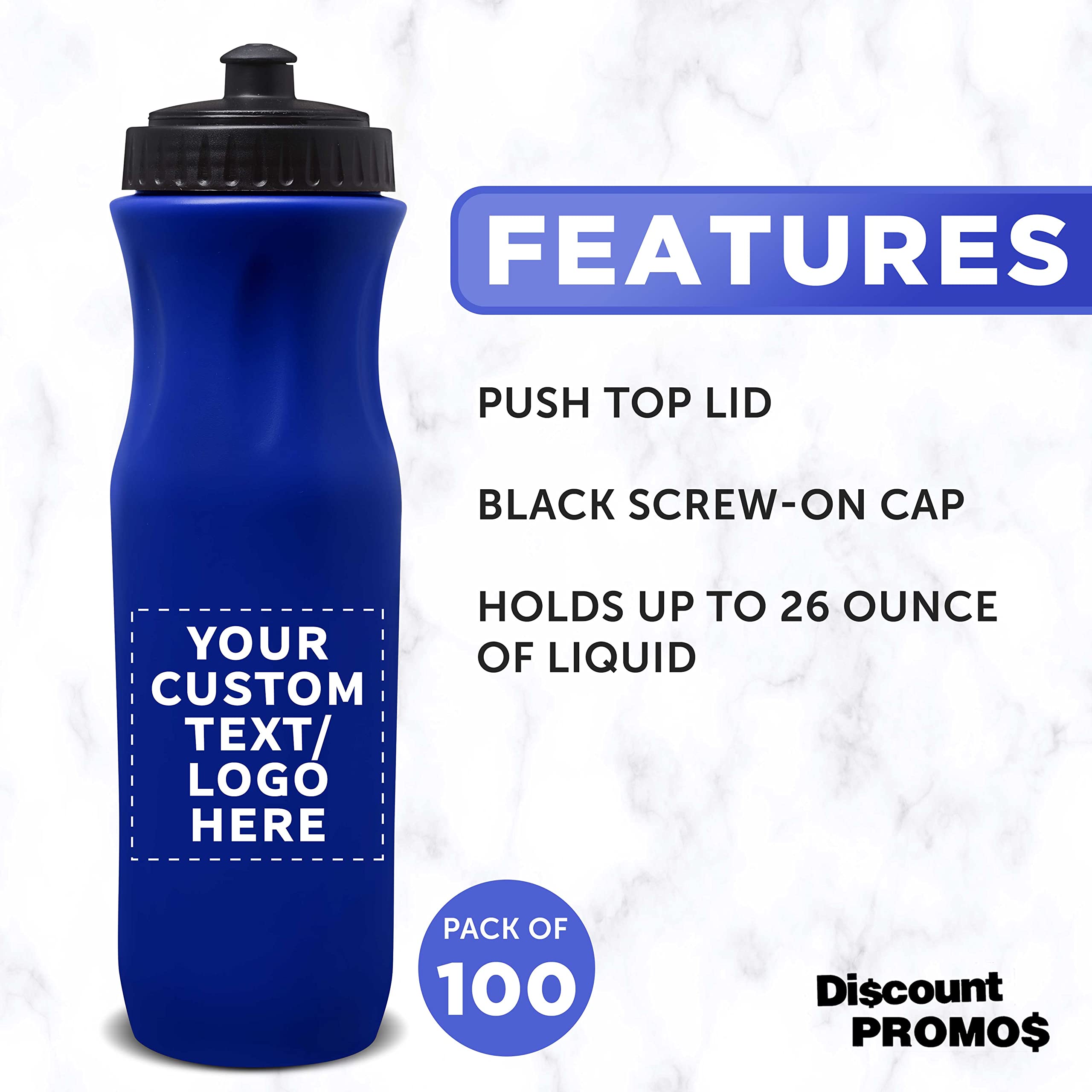 100 Pack 26 oz Plastic Water Bottles with Black Push Top Lid - Customizable Text & Logo - Bulk Reusable Water Bottles for Sports, Gym, School, and Outdoor Activities - Blue