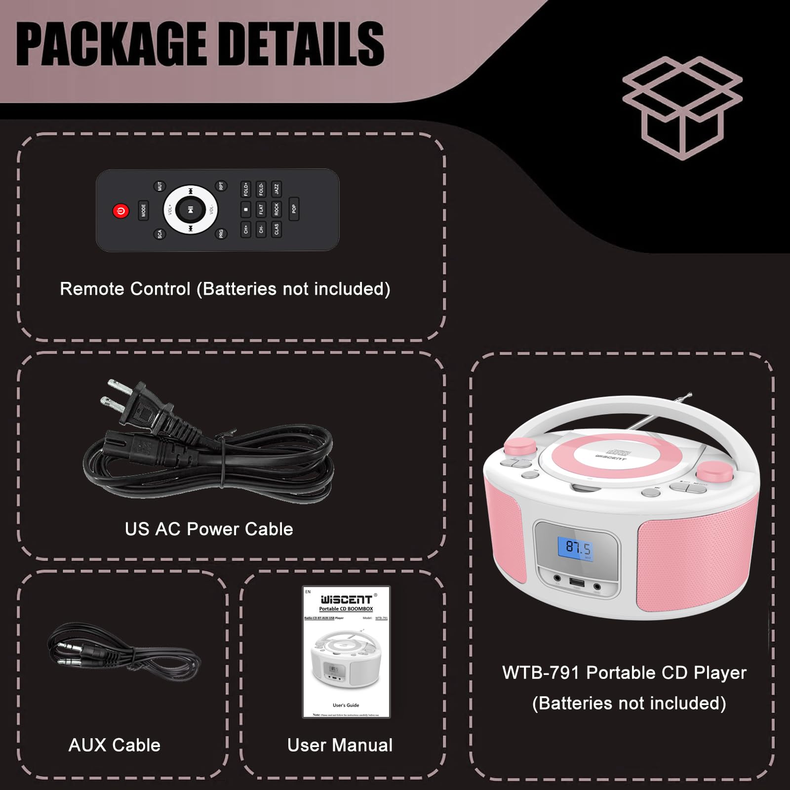 Portable Bluetooth CD Player Boombox with FM Radio, Remote Control, USB & AUX Input - Plays CD-R/CD-RW/MP3/WMA - AC/Battery Powered (WTB-791) - Perfect for Home, Office, Travel & Outdoor Parties