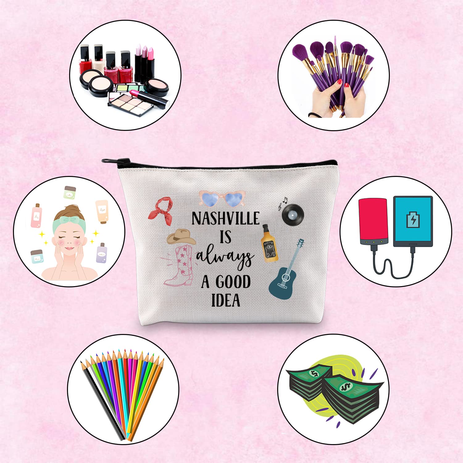 Country Music Themed Bachelorette Party Favors - Nashville Bridal Party Makeup Bag with 'Nashville Is Always A Good Idea' Design - Perfect for Bachelorette Gifts, Bridal Showers & Girls' Trips to Nashville
