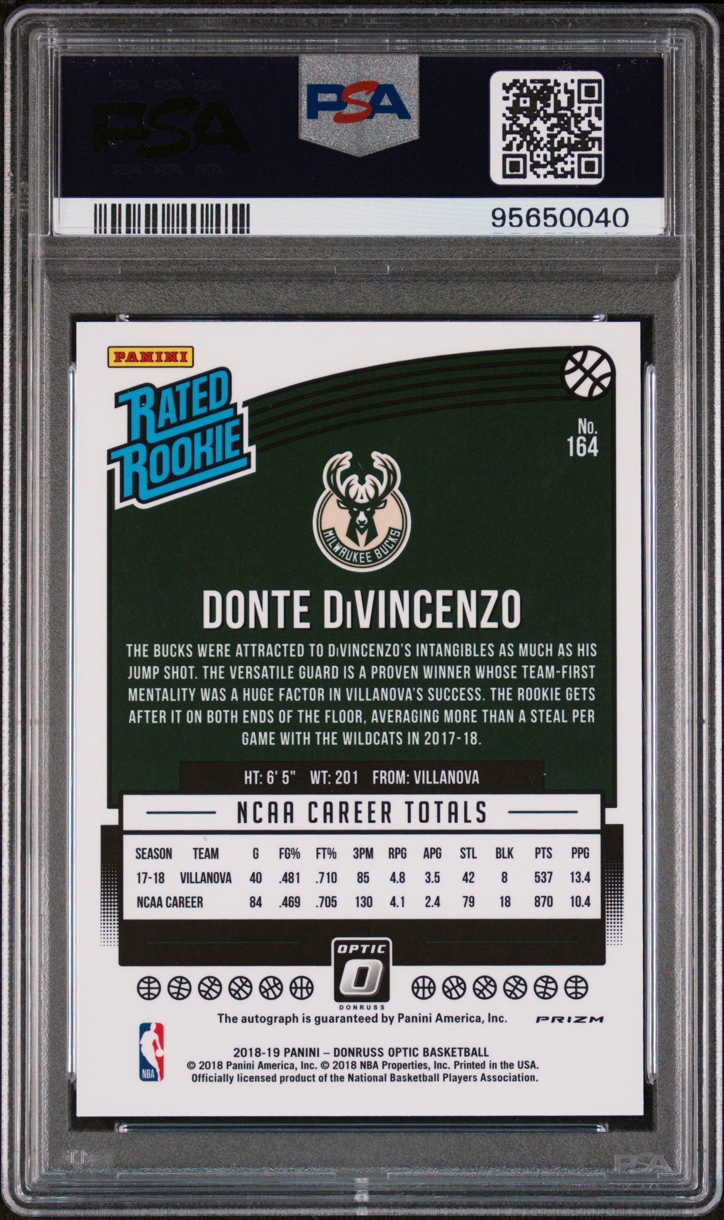 2018 Panini Donruss Optic Rated Rookie Donte DiVincenzo Auto Holo #164 PSA 9 - Basketball Trading Card for Collectors & Sports Fans