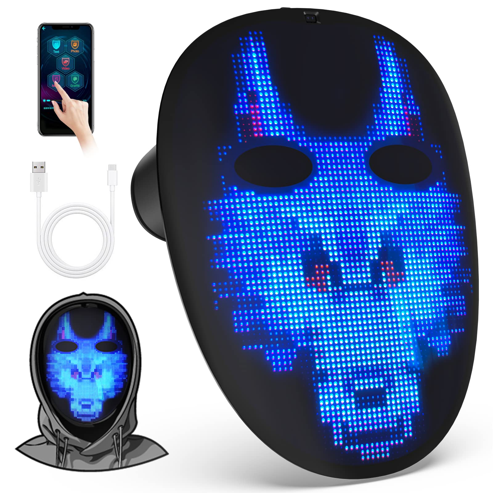 Programmable WiFi LED Light Up Mask for Adults - Digital Luminous Face Transforming Halloween Costume Accessory | Perfect for Halloween Parties, Cosplay Events, and Themed Gatherings