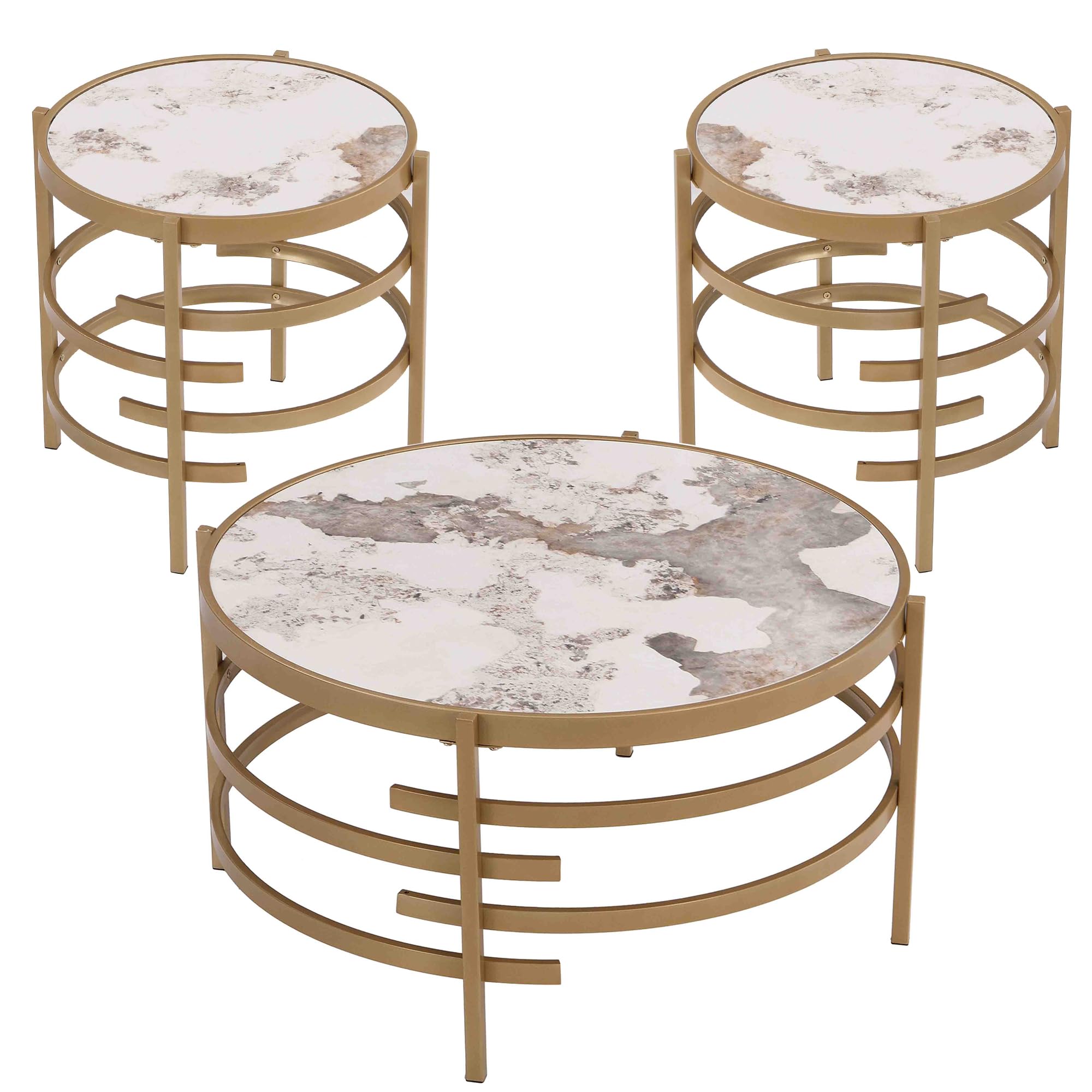 Modern Round Coffee Table & End Table Set of 3 - Gold Metal Frame with Marble Top - Luxury Living Room Furniture for Home & Office - Perfect for Small Spaces, Entertaining Guests & Stylish Home Decor
