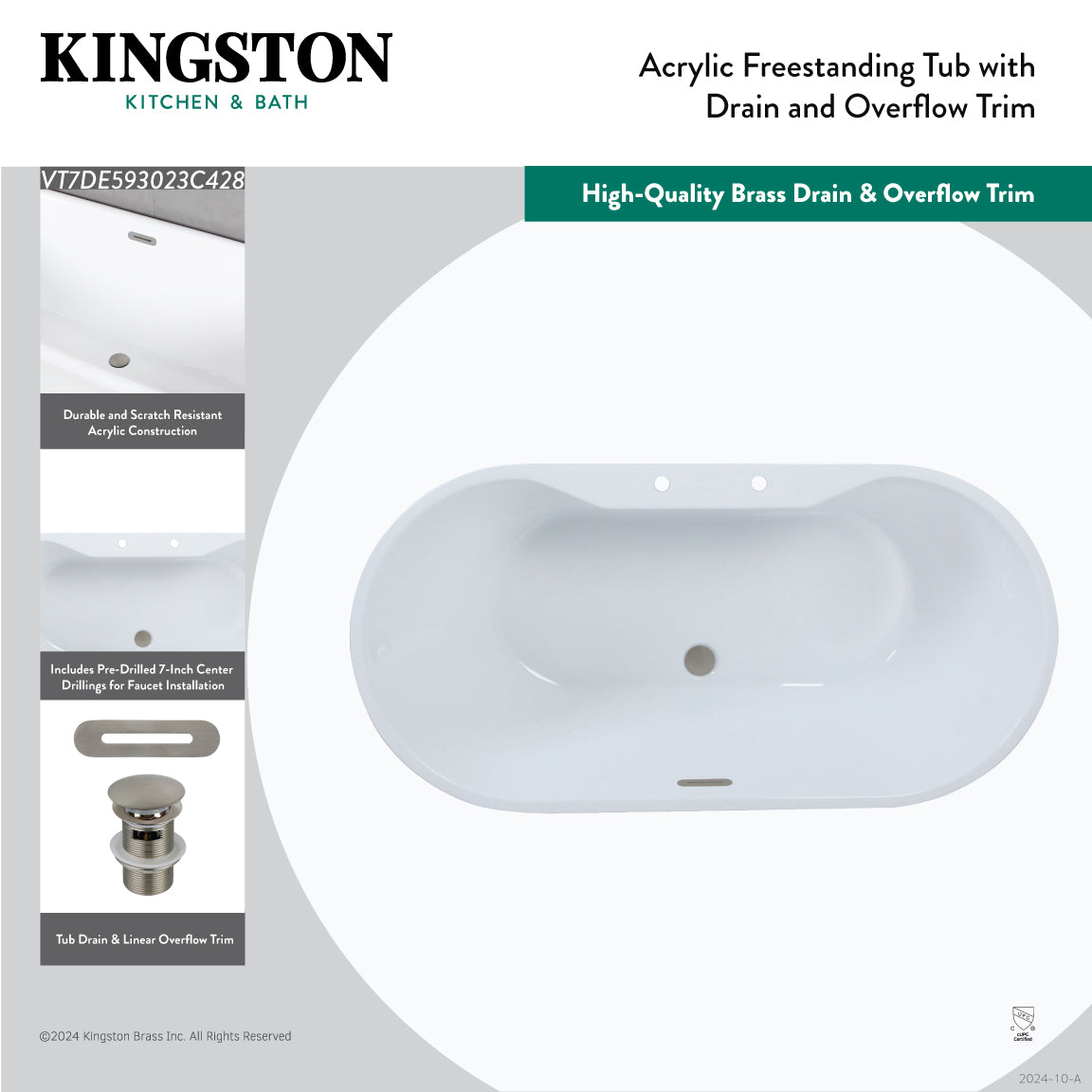 Aqua Eden 59-Inch Freestanding Acrylic Oval Bathtub - Double Ended Design with Drain, Glossy White & Brushed Nickel Finish | Perfect for Luxury Bathrooms & Spa-Like Relaxation at Home