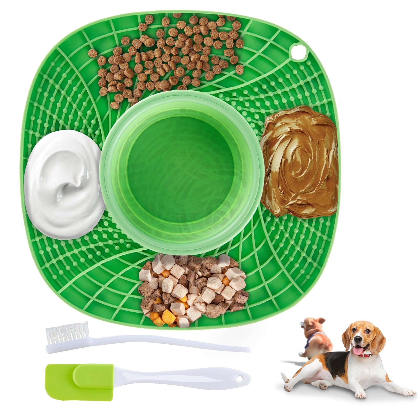 3-in-1 Slow Feeder Licking Mat for Dogs & Cats - Anxiety Relief Lick Pad with Suction Cups, Foldable Water Bowl for Healthy Eating | Perfect for Bathing, Grooming, Training & Mealtime Enrichment (Green)