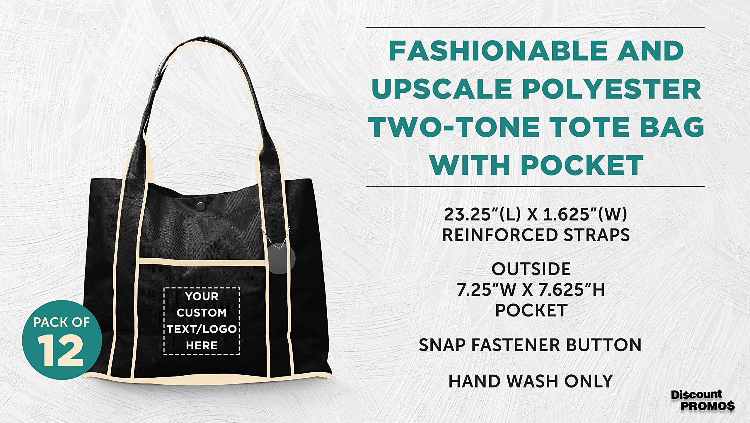 Custom Printed Polyester Tote Bags Bulk Pack - 12 Pack Personalized Fashion Totes with Reinforced Straps & Snap Closure - Durable Reusable Shopping Bags for Grocery, Beach, Work & Everyday Use - Black