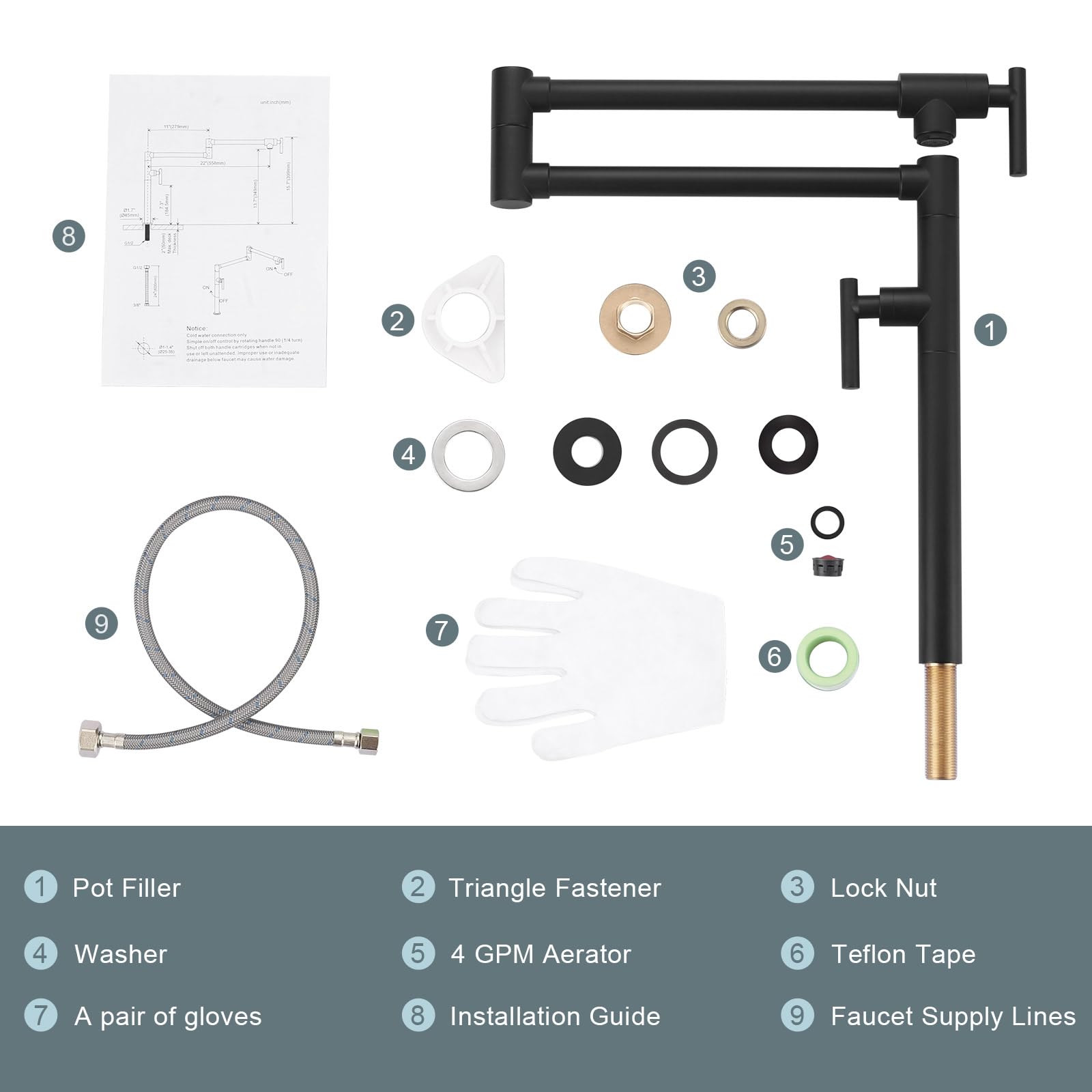**Deck Mount Matte Black Pot Filler Faucet for Kitchen – Solid Brass Folding Faucet with Double Joint Swing Arms – Perfect for Stove, Sink & Cooking Convenience**