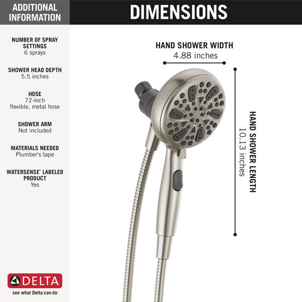 Delta 75609SN 6-Setting Magnetic Hand Shower in Satin Nickel - Perfect for Bathroom, Spa, and Shower Upgrades