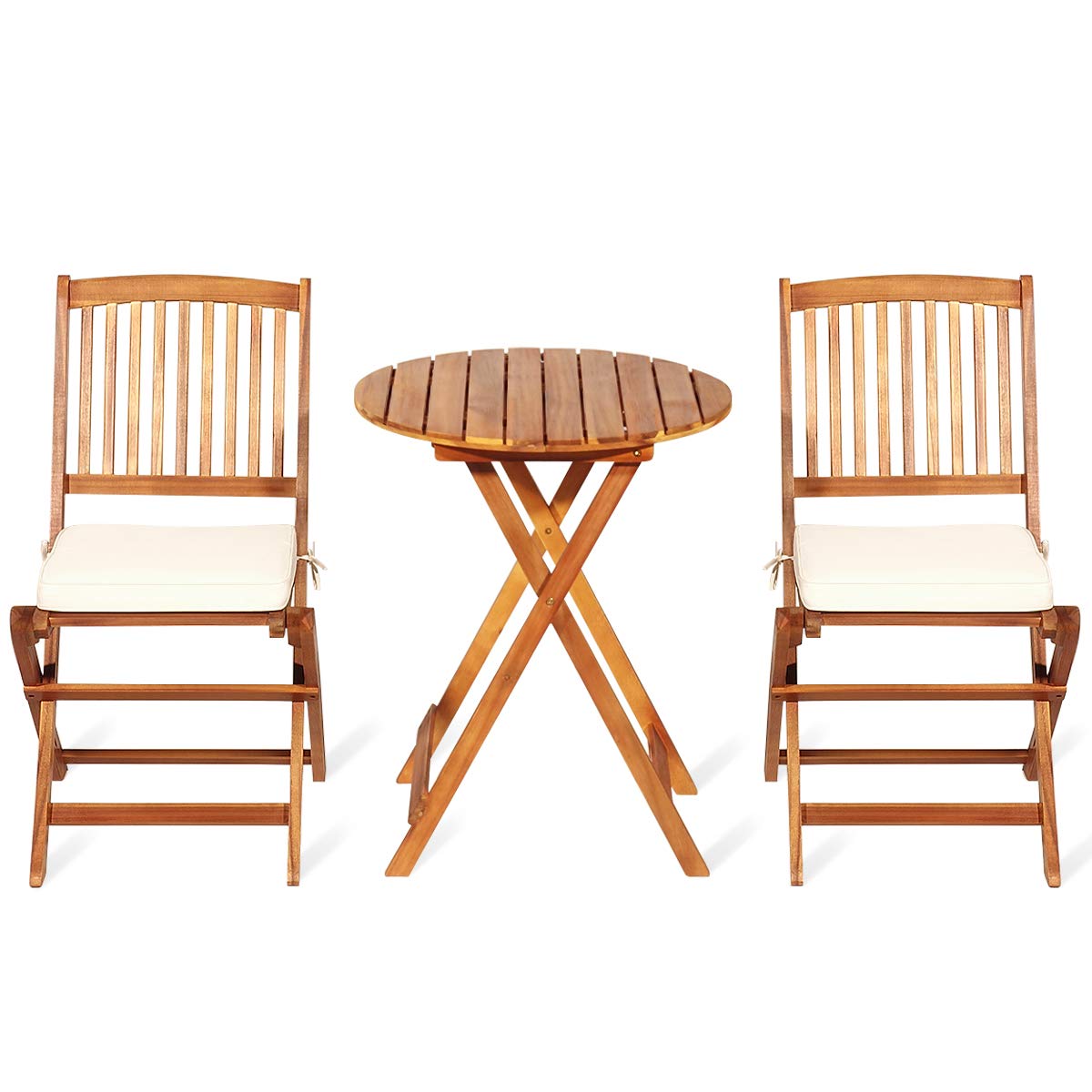 Giantex 3-Piece Patio Bistro Set - Wooden Folding Table with 2 Cushioned Chairs, Outdoor Garden Furniture for Yard, Deck, or Balcony - Natural & Beige Round Table Set for Relaxing, Dining, or Entertaining Guests